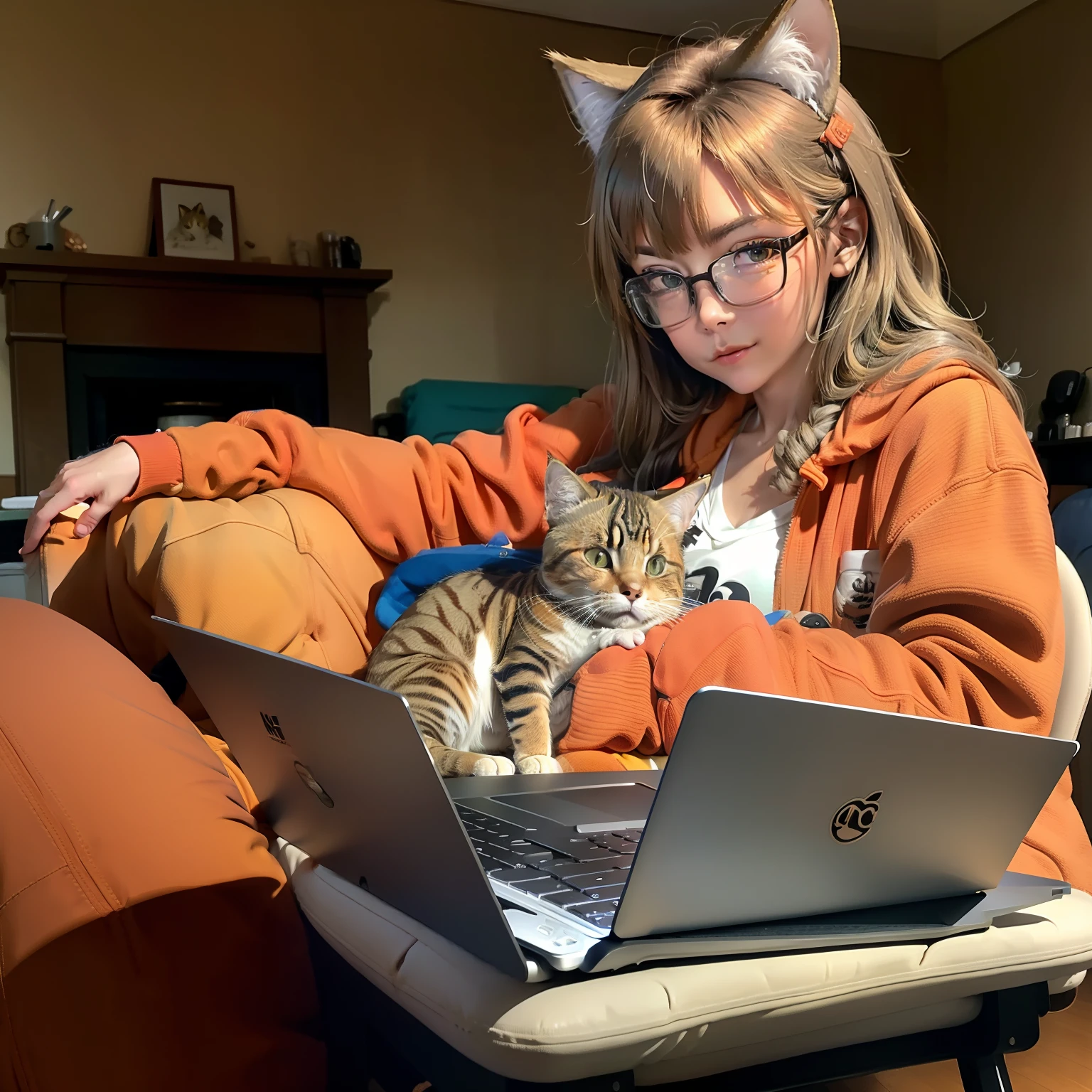 Brown tabby Maine cat,Wearing CNOOC orange jacket,Wearing glasses,Staring at my laptop while drinking coffee