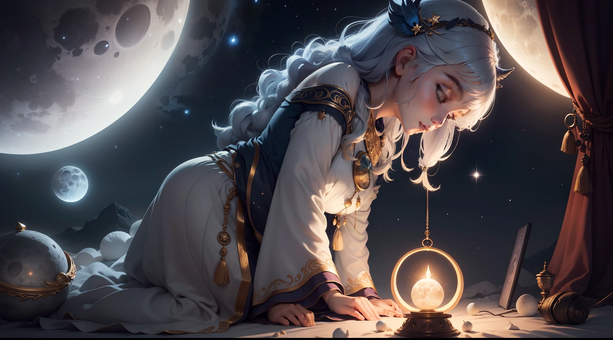 Depict Luna, a calm and wise star, softly glowing in the night sky. Show Luna sharing her cosmic wisdom with the Sleepy Moon. Create a serene and contemplative atmosphere.