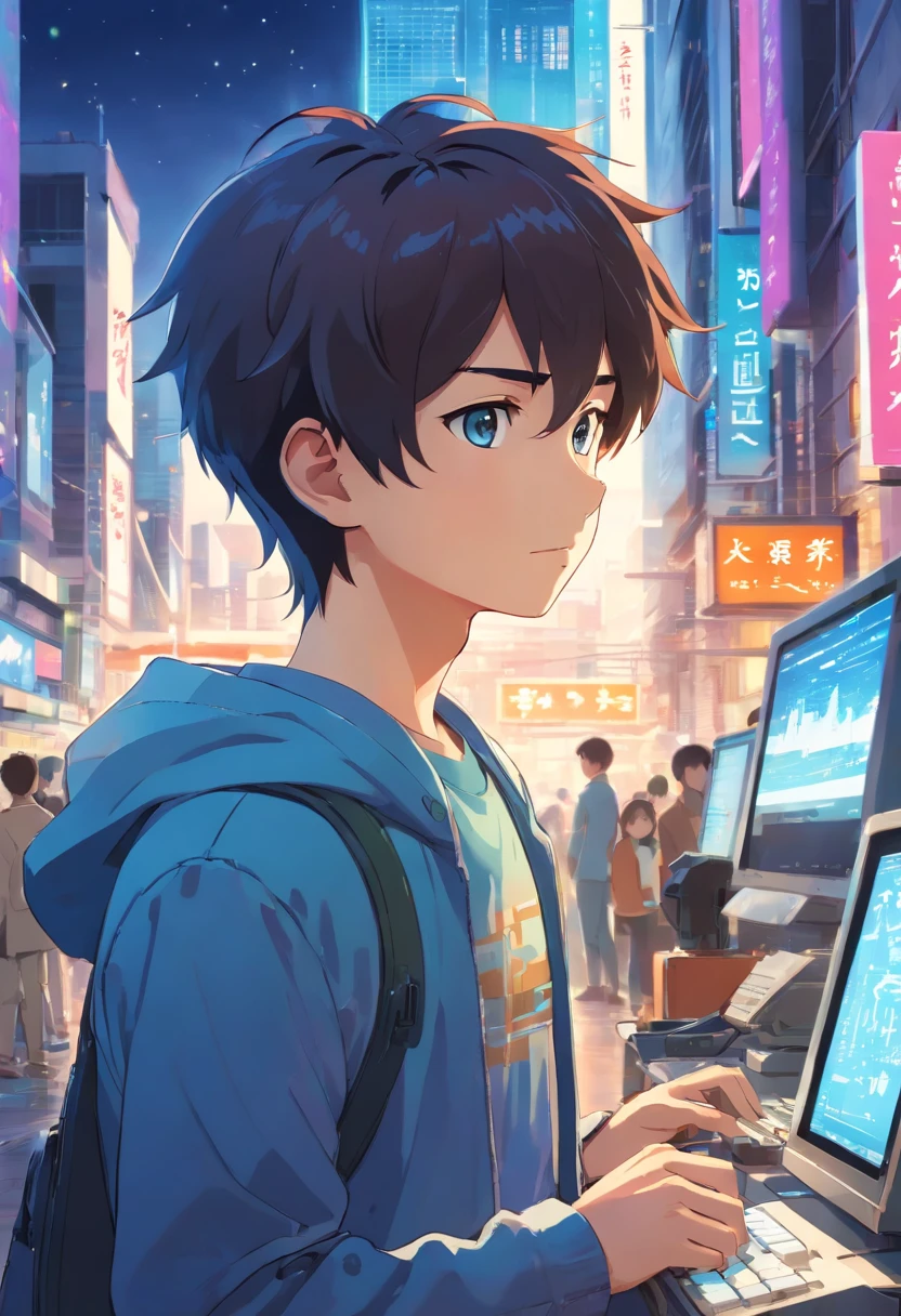 Imagine a scene where Nerd Boy, with utmost focus and dedication, is coding meticulously. The scene is set in a future world that's brimming with advanced technology. In front of him, there's a state-of-the-art hologram display projecting an incredibly lifelike interface. To his side, there's a robot companion, a masterpiece of engineering, with every detail meticulously designed and crafted from high-quality materials.
Nerd Boy's face reflects intense concentration, with furrowed brows and a determined expression. His eyes are fixed on the hologram, and his lips curve slightly in a subtle but confident smile. This tableau should capture the essence of the boy's coding passion and the seamless fusion of technology in this advanced world