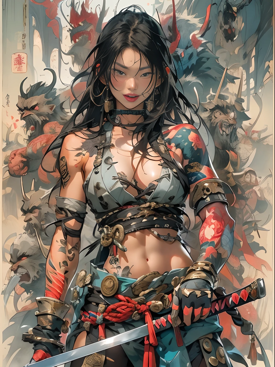 (((woman))), (((best qualityer))), (((tmasterpiece))), (((AS-Adult))), ((( Japanese ))), Look up from your knees, A beautiful asian samurai woman with perfect body, Modern samurai, ((( Asian))), Wear gloves on your hands,The left arm is made of steel and metal tips,Made of protective devices, The eyes are pulled, (( Appears below the breast )), (( Small dental floss )), Simon Bisley, Almost naked(Simon Bisley)Castle City Wilderness,For high-resolution posters, hair straight, Minimum clothing, armure (Crazy clothes ), Full of tips and rivets, tribal tattoos, (((full bodyesbian))), Straight brunette hair,Colored hair ends