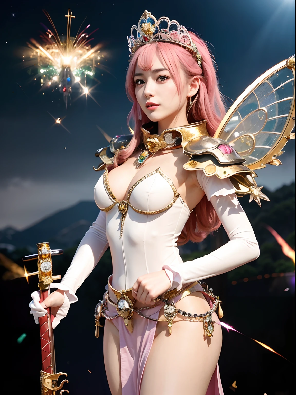 (A smile), Professional , ​masterpiece、top-quality、photos realistic , depth of fields （Gemstone White Metal Body:1.９),(Matte White Pink、Jewel Gold Weapon、（Gorgeous castle background）、（ultimate beauty girl）、（Rainbow fairy wings grow）、Particles of light、（Metal body of iridescent gemstones:1.９),Gorgeous Jewel Metal Weapons ,（maikurobikini）、 Detailed Sword of the Brave ,（ Pink hair）   ,warhammer 40k , adepta sororitas,Detail and ornate jewel crown、独奏、Brown hair、Mystical expression、cleavage of the breast、（Gangle's forest background）、Beautiful Caucasian beauty、１a person、dynamic ungle,(((Diamond tiara with detail and luxury)))、a small face、Powerful poses、（Gorgeous castle background）、huge filesize、A teenage girl、Stand in the center of the screen、Thin female fingers、Straight long hair、Beautiful Caucasian beauty、（maikurobikini）、Hair fluttering in the wind、Look at viewers、（Armpit）、Toostock、