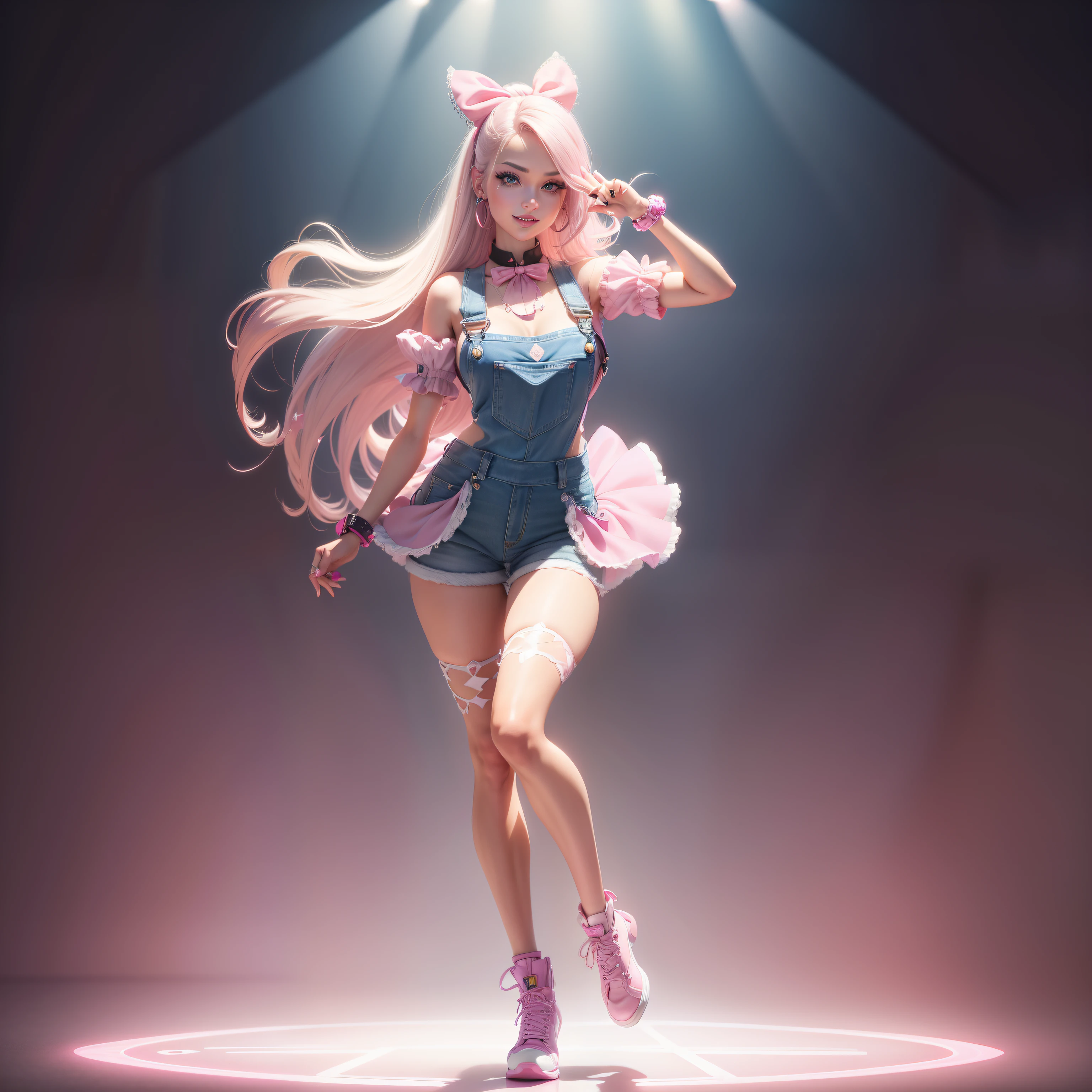 Barbie, ((Full body)), Blue eyes, Smiling face, Hair loss swaying in the wind, Hip Hop Singer Pose, Dressed in hip-hop style, Wear pink overalls that reflect light,swarovski,pasties,With a pink bow on the arm, Fashion, Extremely high quality, high details, 8K, clean back ground, in studio, ((Full body shot)),Fingers are realistic,Accurate Hand Modeling,