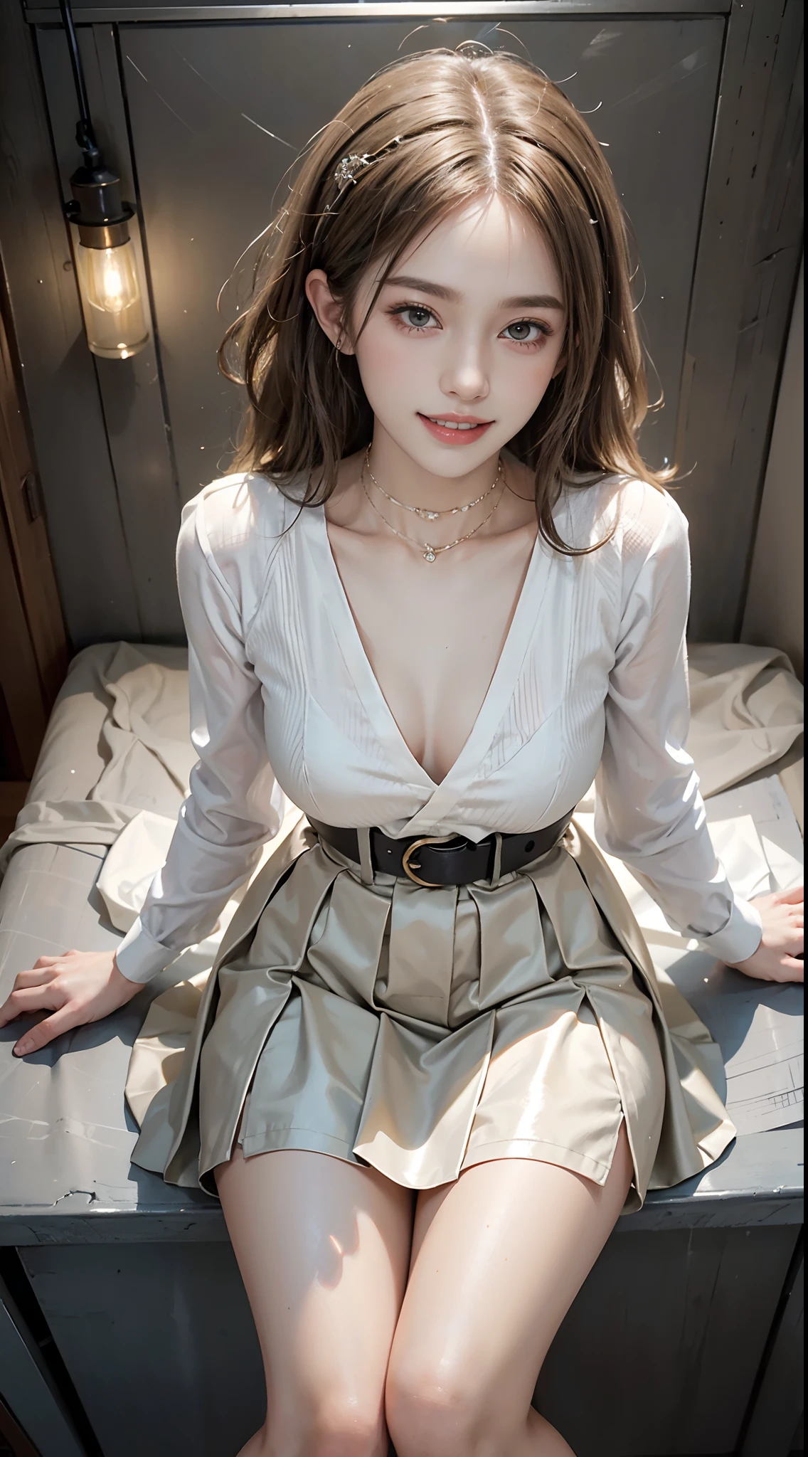 ((full body)), ((from above)), ((realistic)), 1girll, interior scenes, (Sit Pose), Pleasing posture, Eye-catching poses, pretty legs, looking at viewert, Detailed scenes, curlies, Air bangs, Beautiful hair accessories, Brownish-yellow hair, light make-up, Blushlush, Gloss on lips, ((White color blouse, DEEP-V COLLAR, Short black high-waisted skirt, Nice belt)), (Campus style), warm lights, a warm color palette, Detailed details, ultra-detailliert, (tmasterpiece, best qualtiy), (An extremely delicate and beautiful work), Delicate earrings, Delicate necklace, Simple blurred background, Extreme detail description, Ultra-fine painting, Delicate face, slim toned body, Slimming the waist, (grin, happy grin, Baring teeth), (anatomy correct)