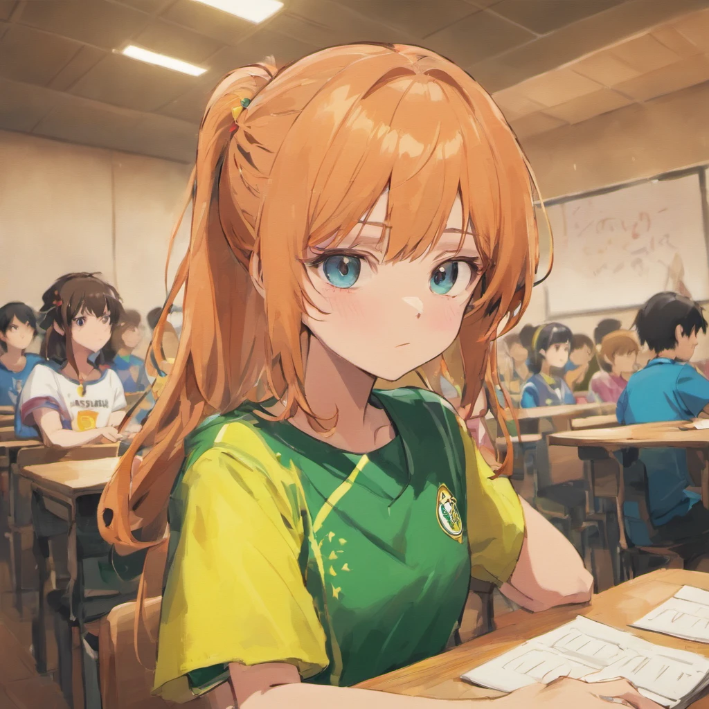 Make an image of several fans with the shirt of the Brazilian national team in a classroom, olhando para um quadro negro