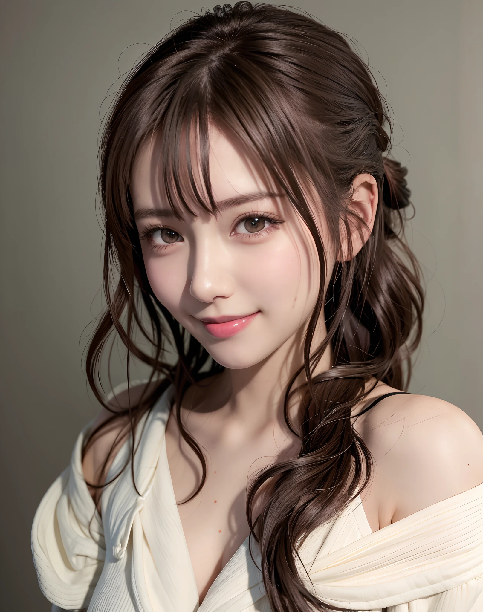(Best Quality), (masutepiece), (High resolution), (Intricate details:0.2),(Professional Lighting), dressing gown, Detailed background,off shoulders, (Previous view), 1girl in, Solo, (Beautiful face), Slim body, Fine skin, Smile, brown hair in a ponytail, Beautiful eyes, look at at viewer,