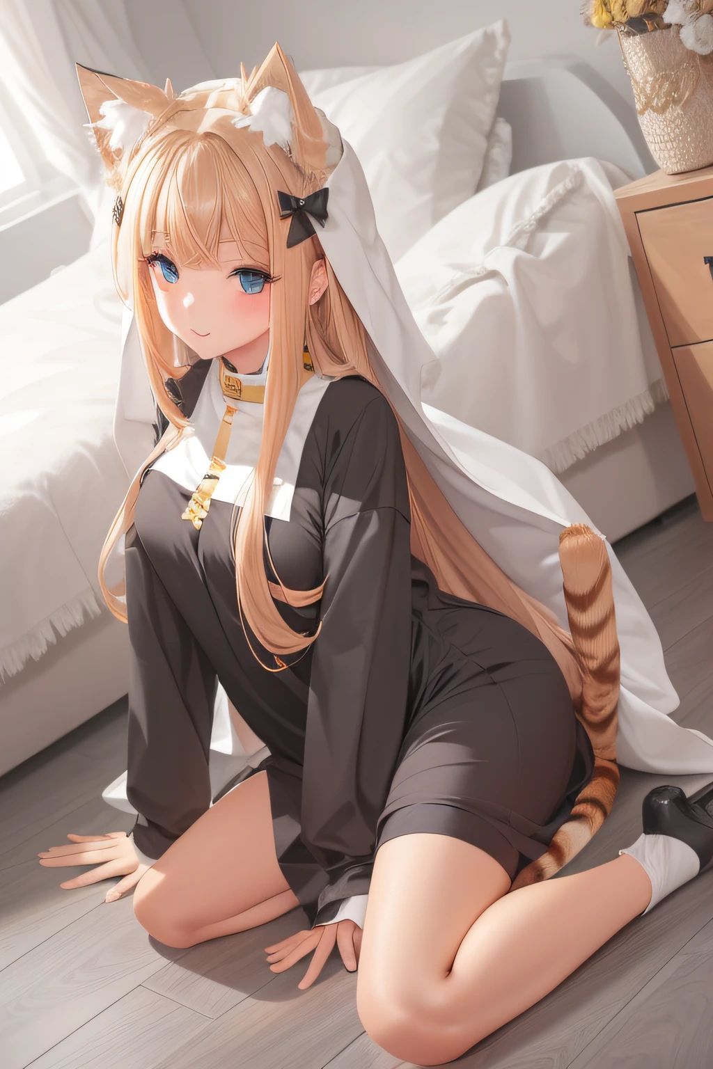 Masterpiece,highest quality,1girll,cat ear,yellow long hair,Nun dress,chies