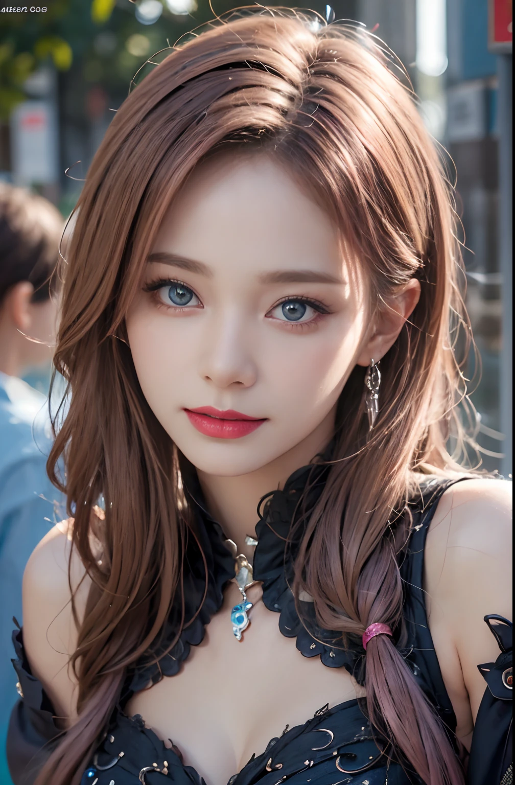 best quality, ultra high res, (photorealistic:1.4), (detailed beautiful girl:1.4), (medium breasts:0.8), looking_at_viewer, Detailed facial details, beautiful detailed eyes,pink hair, blue eyes, slender, haunting smile, (makeup:0.3), red lips, highly detailed clothes, (ulzzang-6500-v1.1:0.3)