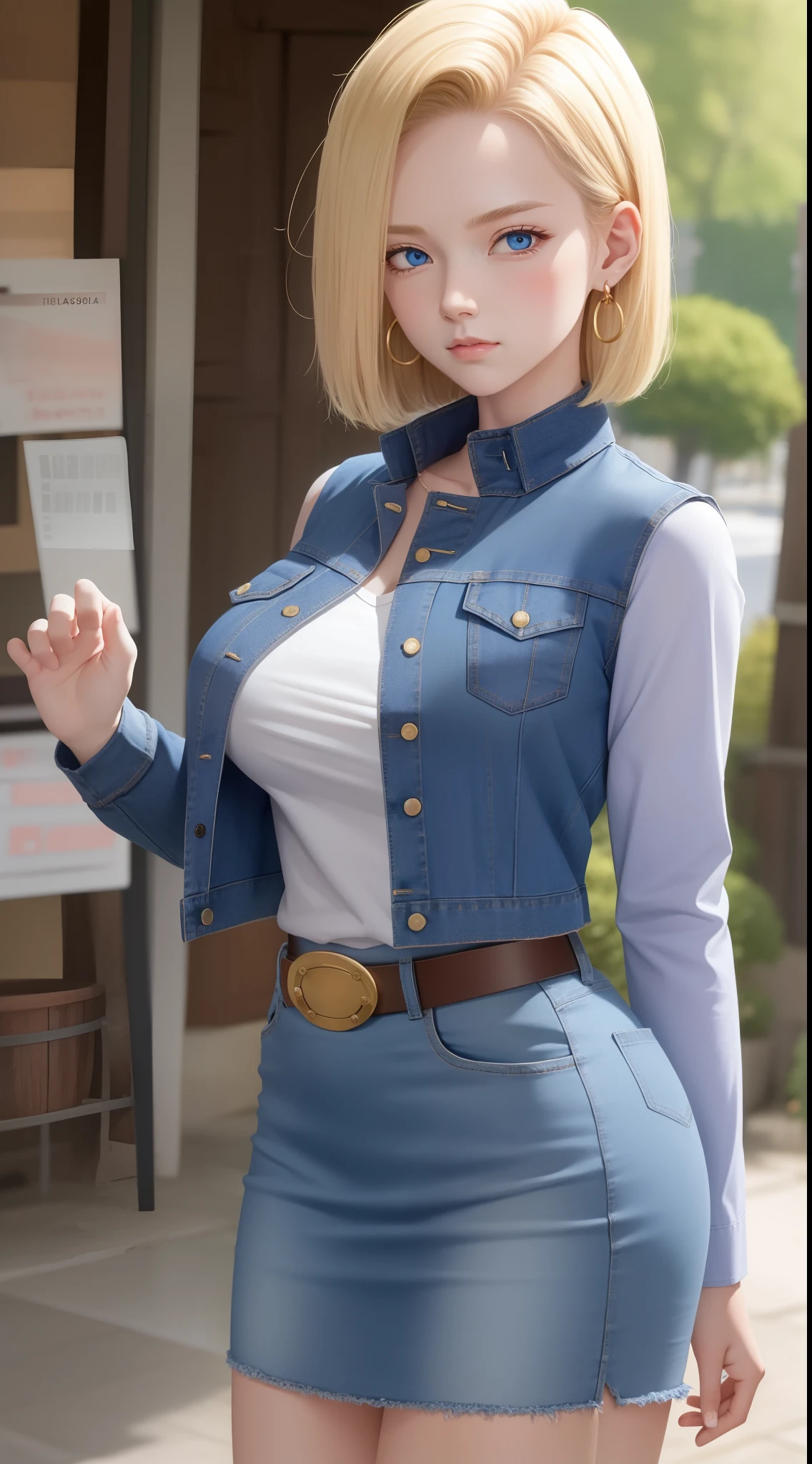 android 18, large breasts, belt, blue skirt, looking at viewer, denim, black shirt, short hair, sweat, solo, denim skirt, cleavage, skirt, blonde hair, thighs, blue eyes, shirt, vest, 1girl, earrings, blush, jacket, thick thighs, jewelry, long sleeves, masterpiece, best quality,8k