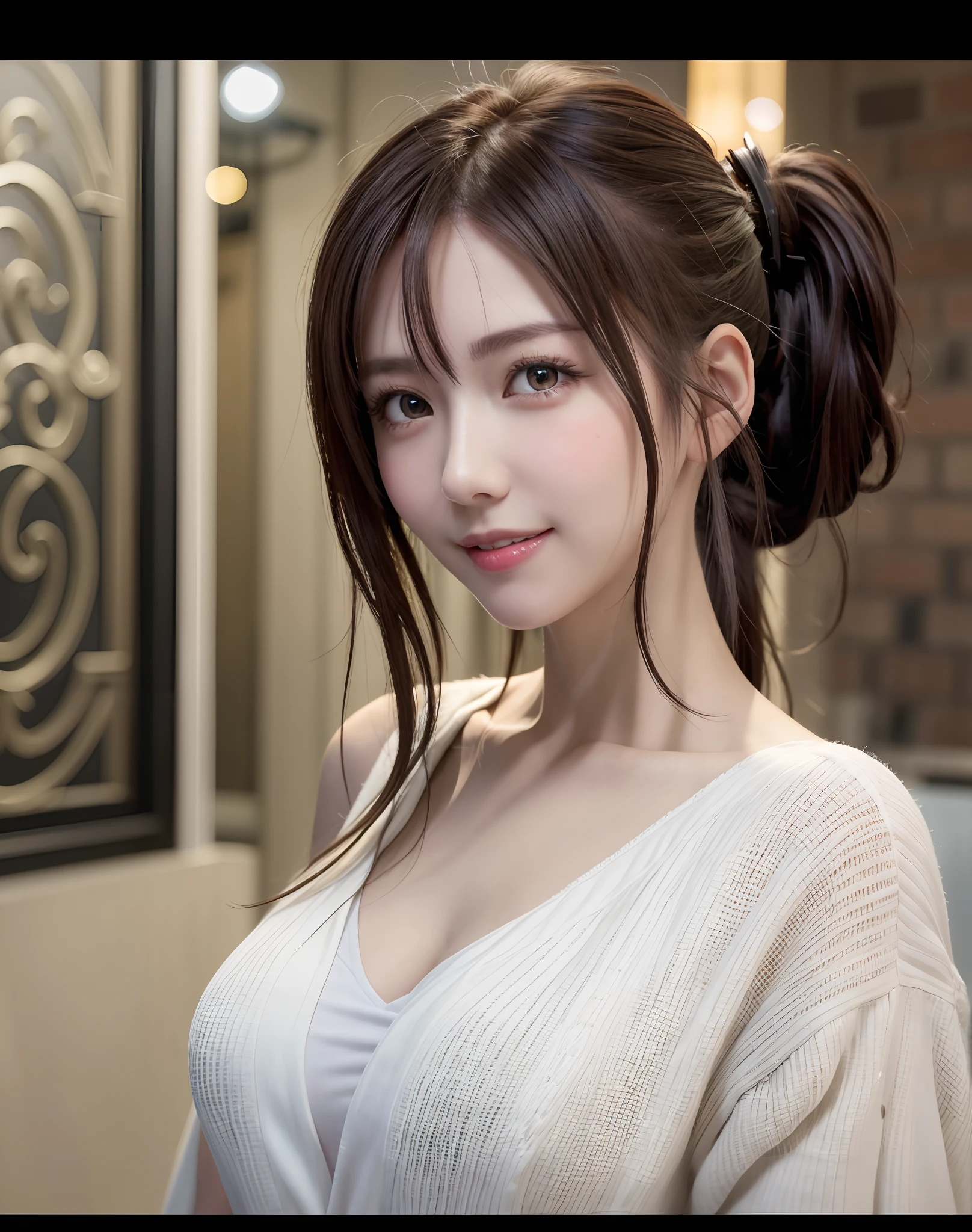 (Best Quality), (masutepiece), (High resolution), (Intricate details:0.2),(Professional Lighting), dressing gown, Detailed background,off shoulders, (Previous view), 1girl in, Solo, (Beautiful face),  Slim body, Fine skin, Smile, brown hair in a ponytail, Beautiful eyes,  look at at viewer,