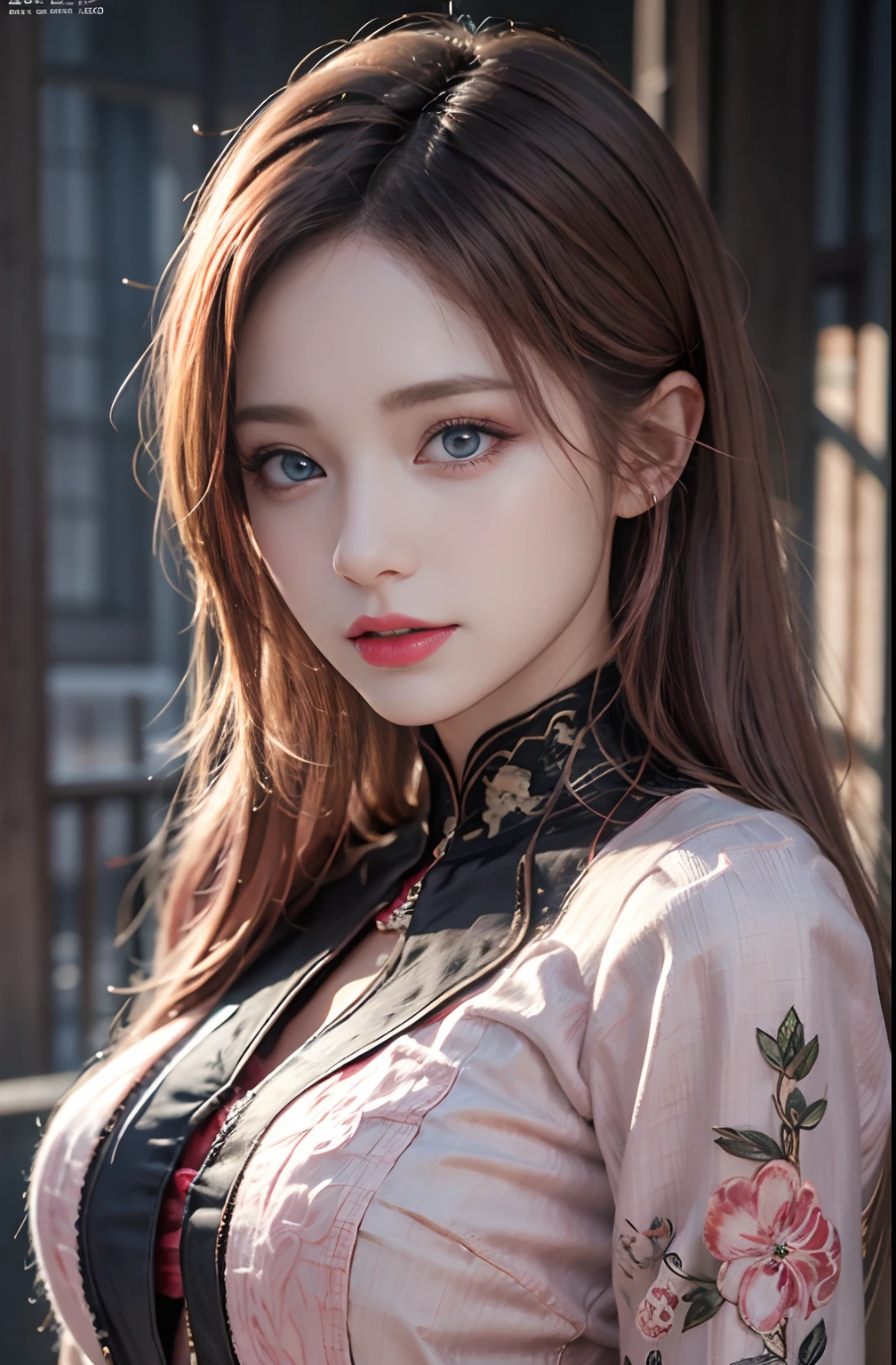 best quality, ultra high res, (photorealistic:1.4), (detailed beautiful girl:1.4), (medium breasts:0.8), looking_at_viewer, Detailed facial details, beautiful detailed eyes,pink hair, blue eyes, slender, haunting smile, (makeup:0.3), red lips, highly detailed clothes, (ulzzang-6500-v1.1:0.3)