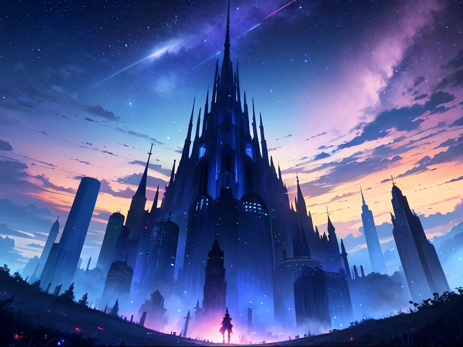 towers of god, blue towers, violet, blue, red, god, red sky, violet sky, starry sky, stars, starry towers, starry god, light blue, civilization, order, apocalypse