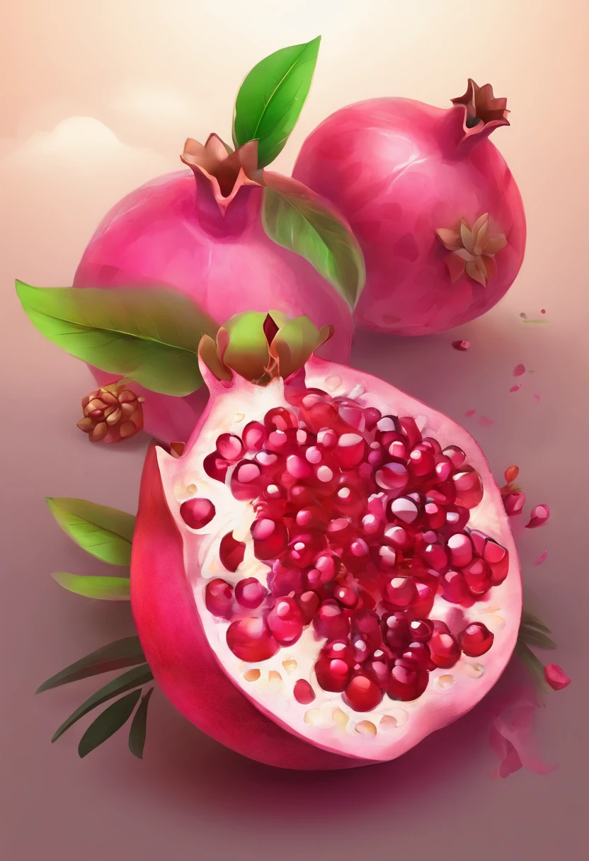 A high resolution,ultra - detailed), offcial art, Unity 8k壁纸, Ultra-detailed, Beautiful and aesthetically pleasing, tmasterpiece, best qualityer,pomegranate,Beautiful fruits,The rind of the pomegranate appears dark red or pink,The surface is smooth and shiny,It's like a beautiful work of art,There are some protrusions and lines,These lines surround each grain,The unique texture of the pomegranate is formed, Like crystal clear gemstones,The color and transparency are very high,(Gradient color),