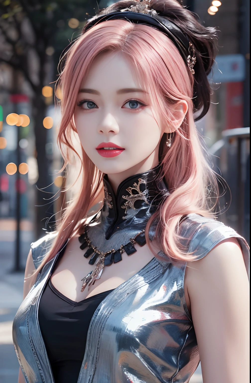 best quality, ultra high res, (photorealistic:1.4), (detailed beautiful girl:1.4), (medium breasts:0.8), looking_at_viewer, Detailed facial details, beautiful detailed eyes,pink hair, blue eyes, slender, haunting smile, (makeup:0.3), red lips, highly detailed clothes, (ulzzang-6500-v1.1:0.3)