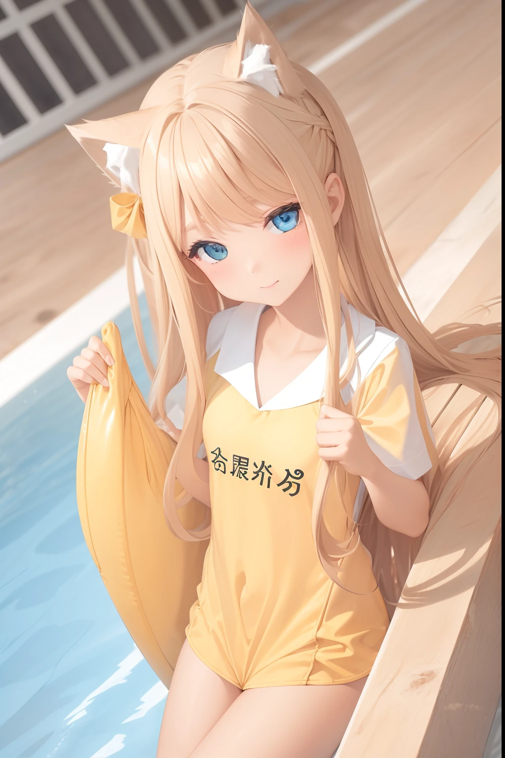 Masterpiece,highest quality,1girll,cat ear,yellow long hair,swimming uniform,swimmingpool