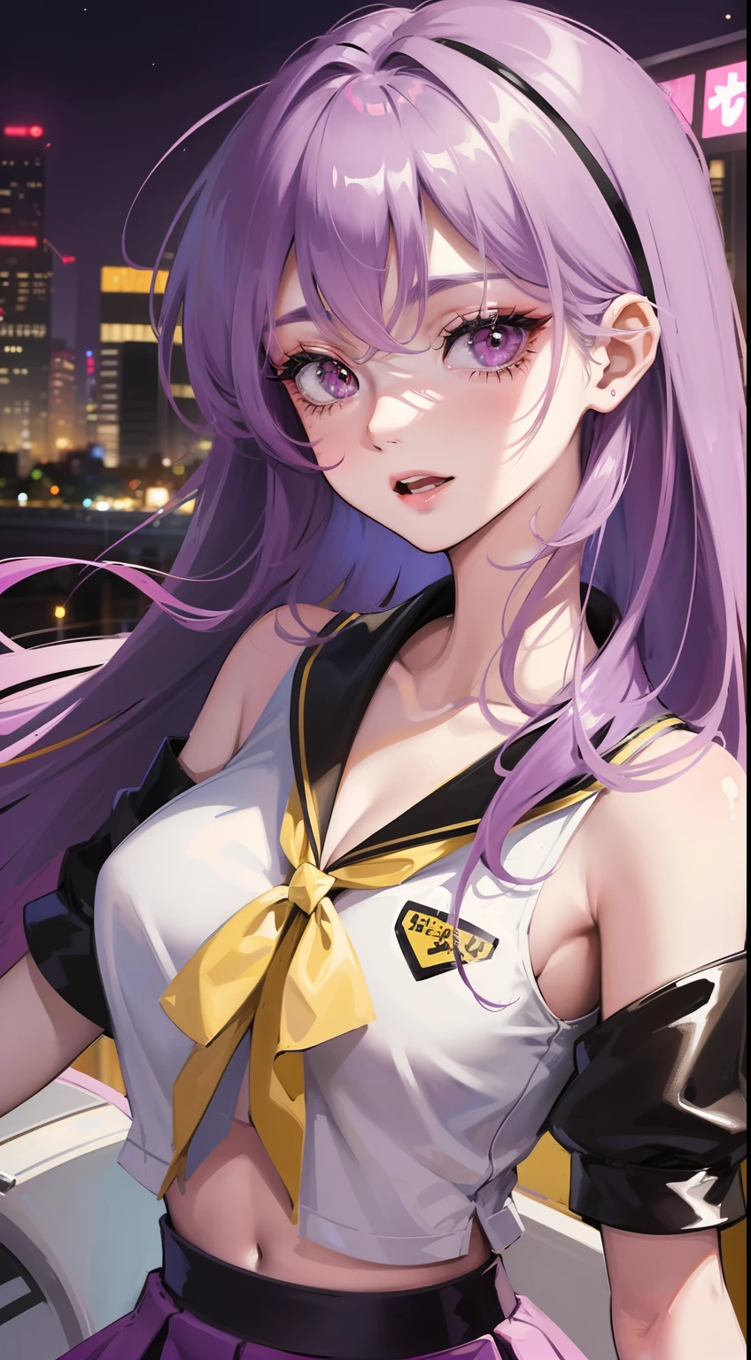 1girl, model girl, perfect face, perfect body structure, city back ground, tokyo background, pink and purple hair, happy face, poker face, darkness, wearing s short skirt with a yellow blouse, yellow particles, black eyes, long eyelashes, high quality, highly detailed, 4k