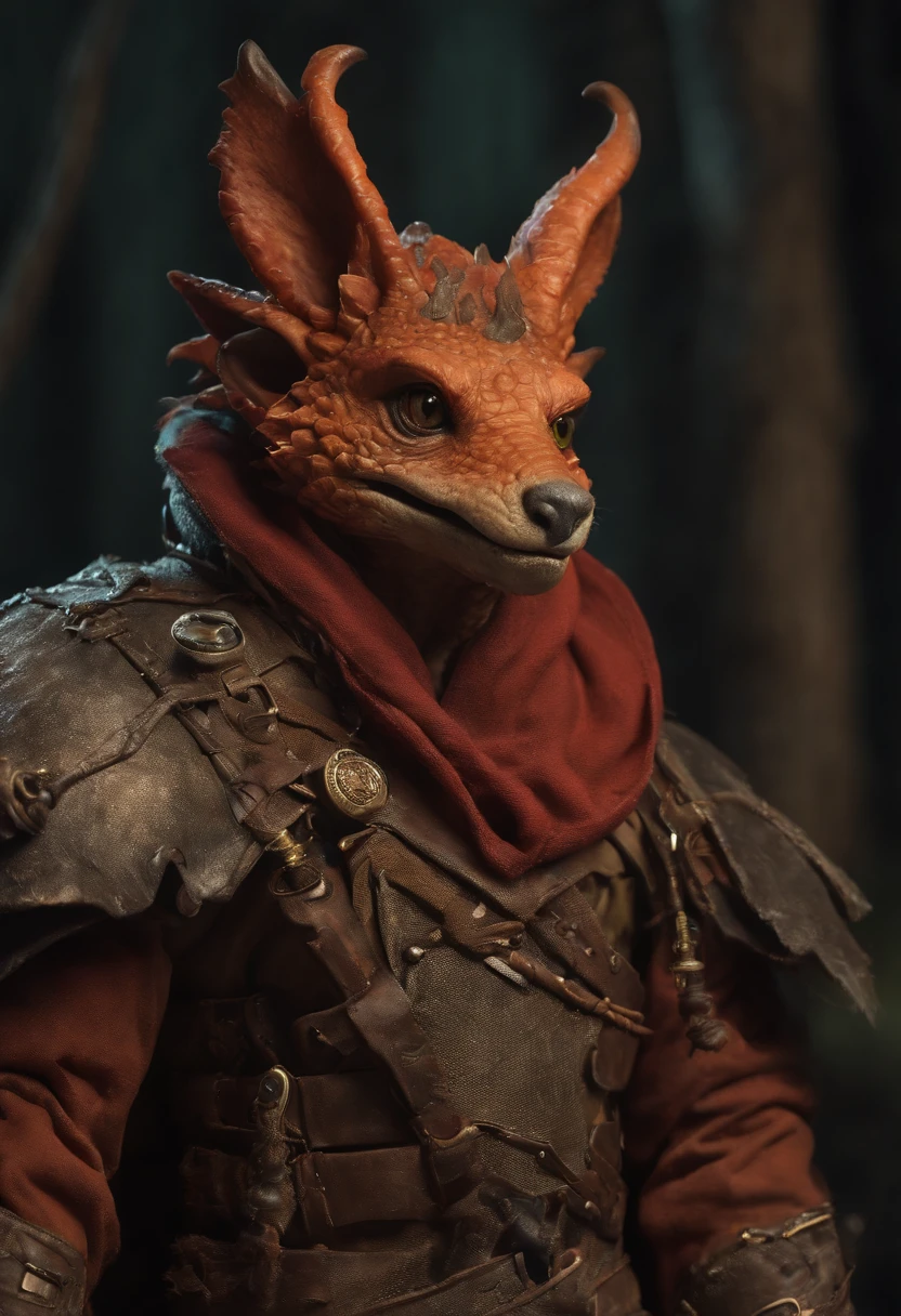 (((by Zackary911, by Kenket, by Kilinah))), solo male, bright orange skin, orange scales, (((Kobold)), (detailed kobold)) wearing a red cloak with a hood, green gem on the collar, bandaged thighs and bandaged chest, muscular toned, squirrel ears, kobold tail, messy hair, front view, looking at the observer with an embarrassed smile, blush, holding a dagger, perspective, finely detailed paws,