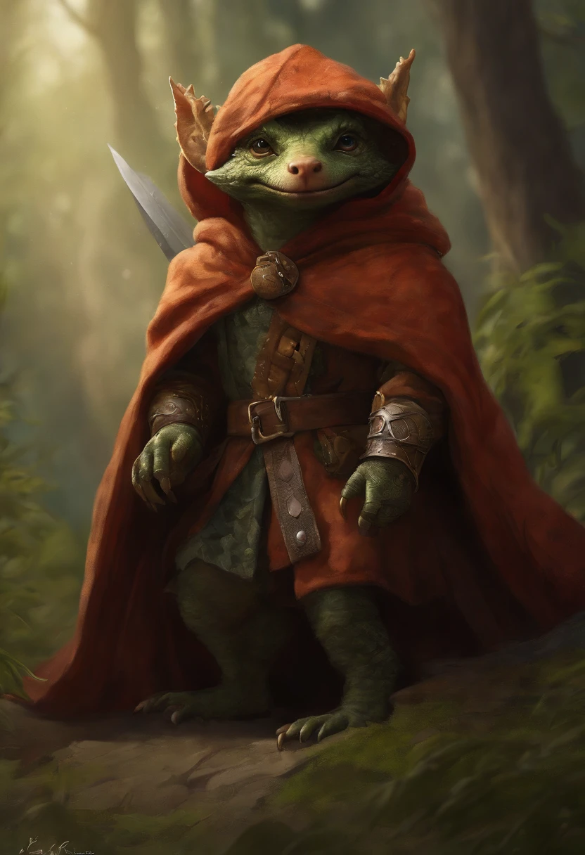 (((by Zackary911, by Kenket, by Kilinah))), solo male, bright orange skin, orange scales, (((Kobold)), (detailed kobold)) wearing a red cloak with a hood, green gem on the collar, bandaged thighs and bandaged chest, muscular toned, squirrel ears, kobold tail, messy hair, front view, looking at the observer with an embarrassed smile, blush, holding a dagger, perspective, finely detailed paws,