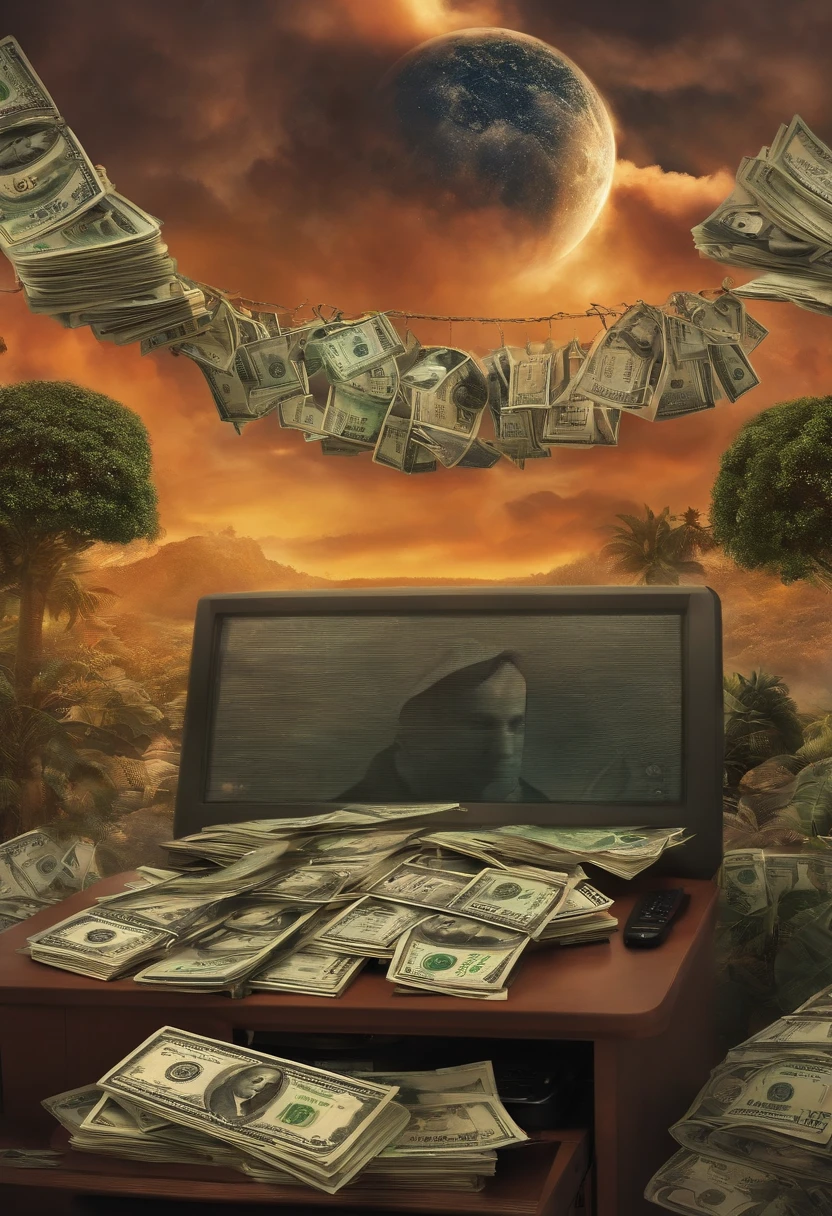 Pinte um com aspecto nerd, por volta de 15 anos, tearing up money or burning dollar bills. Ao fundo computador e ambiente de um quarto