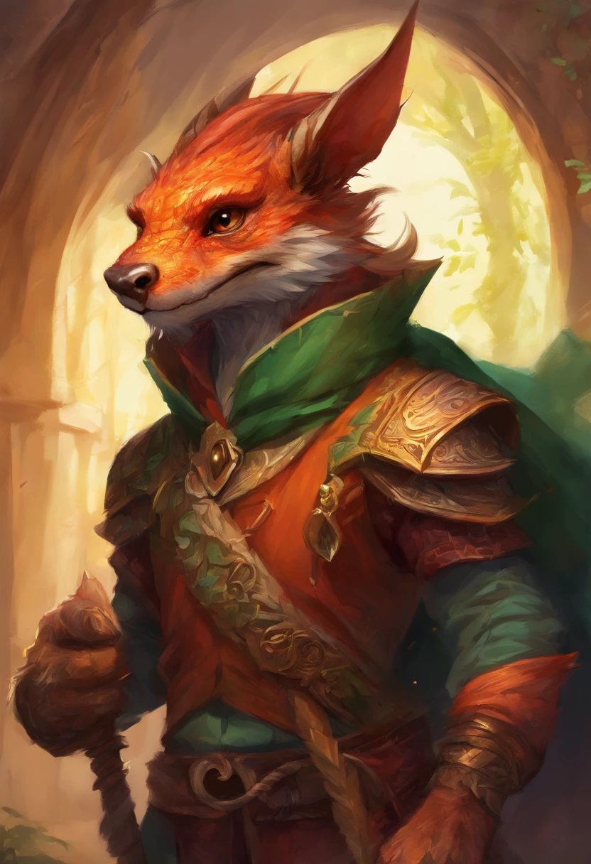 (((by Zackary911, by Kenket, by Kilinah))), solo male, bright orange skin, orange scales, (((Kobold)), (detailed kobold)) wearing a red cloak with a hood, green gem on the collar, bandaged thighs and bandaged chest, muscular toned, squirrel ears, kobold tail, messy hair, front view, looking at the observer with an embarrassed smile, blush, holding a dagger, perspective, finely detailed paws,