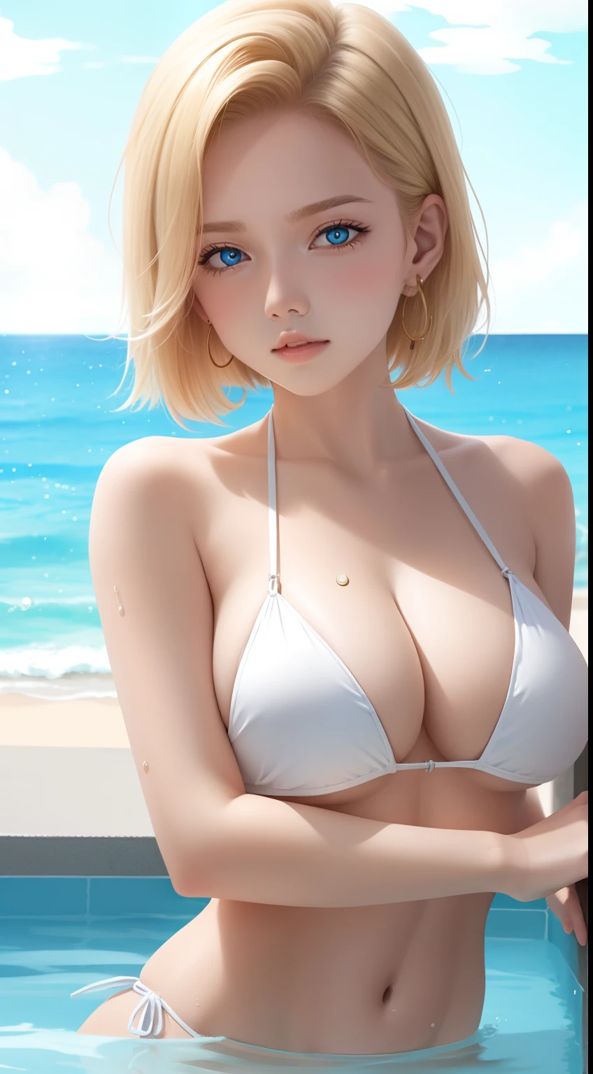 android 18, large breasts, wet, bikini, upper body, o-ring bikini, pool, looking at viewer, parted lips, short hair, white bikini, solo, cleavage, blonde hair, water, blue eyes, collarbone, 1girl, earrings, swimsuit, poolside, jewelry, o-ring, ring