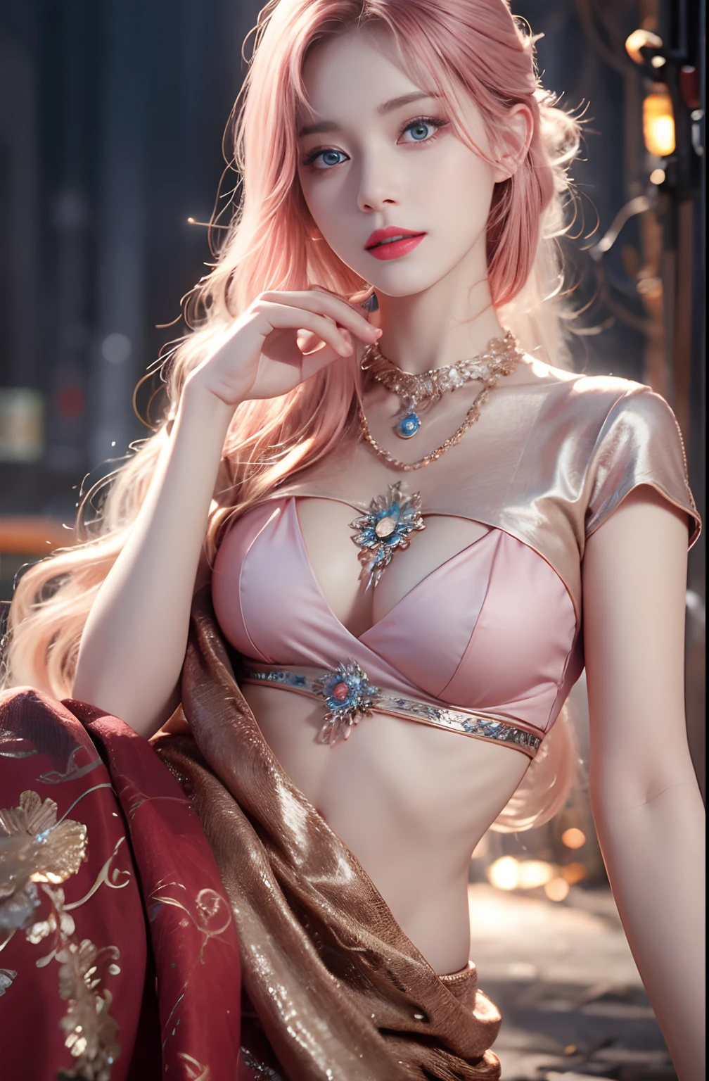 best quality, ultra high res, (photorealistic:1.4), (detailed beautiful girl:1.4), (medium breasts:0.8), looking_at_viewer, Detailed facial details, beautiful detailed eyes,pink hair, blue eyes, slender, haunting smile, (makeup:0.3), red lips, highly detailed clothes, (ulzzang-6500-v1.1:0.3)