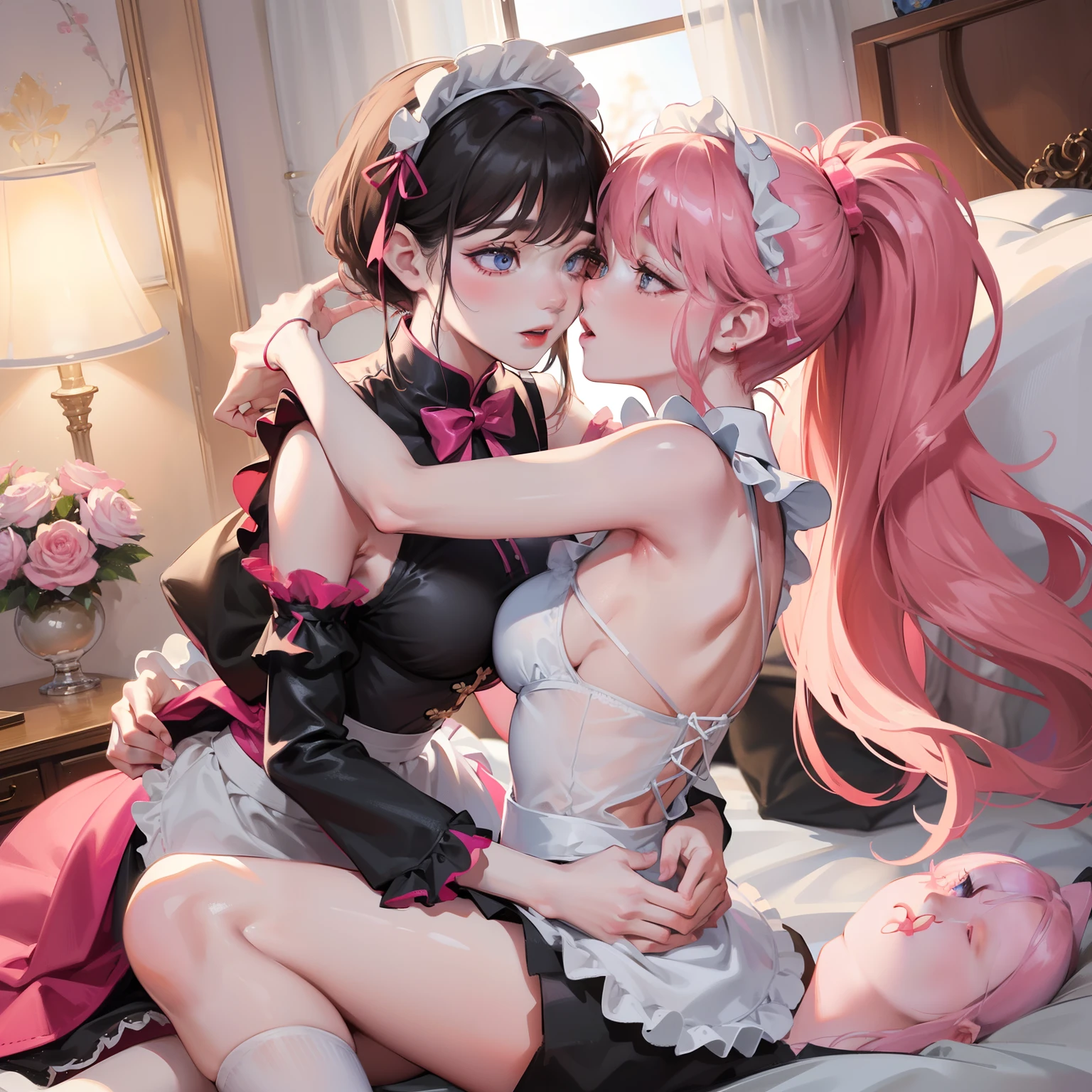 top-quality,photoRealstic,in 8K,brightly lit room,on the beds,Girls kissing happily,Intertwining tongues,The best kiss,The cutest girl,Gorgeous cheongsam,kawaii hair style,Hair fluttering in the wind,The most erotic faces,The best smile,爆乳,Beautiful style,Erotic look,Facial expressions inviting a man,Precise hand shape,accurate fingers,Pink maid clothes, emphasis on the buttocks, top-quality, hight resolution, in 8K,twogirls, Two girls hugging each other and making love,Girls kissing each other,puss,(爆乳), Colossal tits,tag, Sunlight shines, Maid clothes that adhere to the skin, (Pink maid outfit trimmed with lace:1.5, Transparent pink maid clothes:1.5, Sleeveless Made Clothes:1.5, ( Maid clothes to emphasize:1.5), Maid clothes with little fabric, Maid clothing designed to emphasize the view of cleavage, gargantilha, Cute Choker, Open chest, Fluttering chest, 爆乳, Big,Detached sleeves, Precision-shaped palm, a gorgeous, (long), Beautiful black hair, Beautiful, Beautiful white skin, Blue eyes, (dynamicposes:0.8), Soft lighting、shinny skin、Erotic expressions that invite the face of the viewer, U Pass, 2girls, Ass, , top down bottom up, from behind