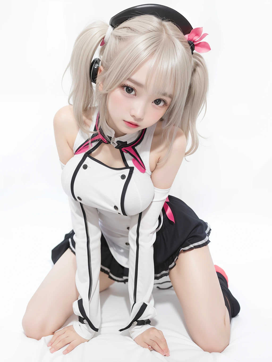 raw photo, 8k, (top-quality), Realistic, (real picture, Intricate details), (natural skin texture, detailed skin, hyper realism, sharpness), Japanese teenage girl standing in a recording studio, White see-through bra:1.3, (white skirt with frill), white Socks, (pale skin:1.2, flat chest:1.4), slender body, ((blonde twin tails hairstyle, blunt bangs)), (seductive face, Parted lips:1.3, eye bag:1.2, red thick lips), thighs, navel, recording equipment, musical instrument, full body shot