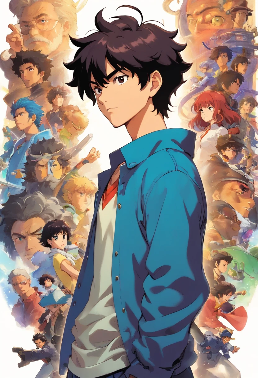 Um homem de 22 anos, cabelos pretos, cabelos curtos nas laterais mais longos na frente, Front view, fundo branco, anime, estilo cowboy bebop