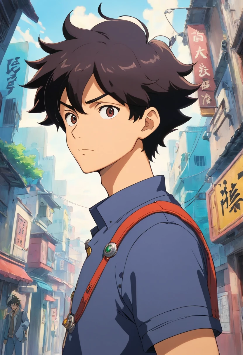 Um homem de 22 anos, cabelos pretos, cabelos curtos nas laterais mais longos na frente, Front view, fundo branco, anime, estilo cowboy bebop