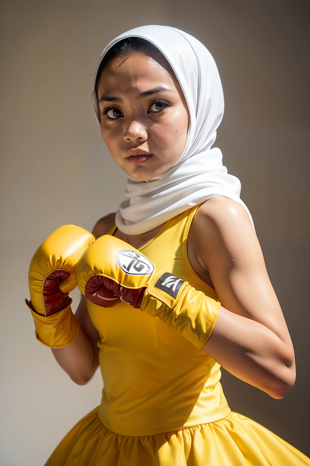 a sserafimsakura, hyper realistic, lifelike texture, dramatic lighting, Nikon RAW photo, 8k, Fujifilm XT3,CitrineDreamMix, masterpiece, best quality, realistic, (photorealistic:1.4), ultra detailed, extremely detailed face, solo,1 malay hijab girl, wearing hijab,standing,fight, (boxing gloves:1), (boxing ring), (smile:1), blue boxing outfit, ( mira filzah:1.2).