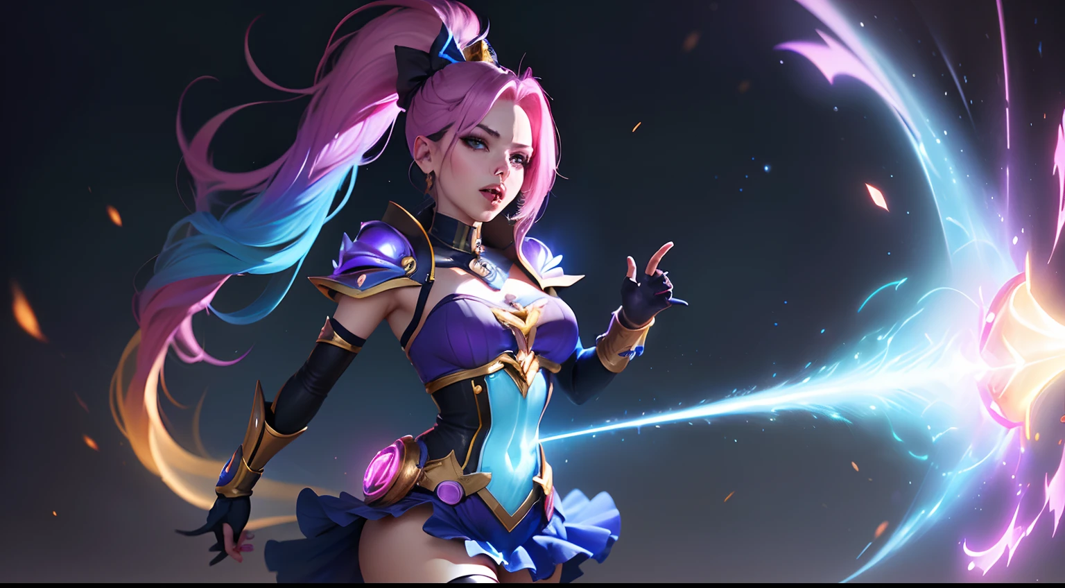 Seraphine from League of Legends, long pink hair, white skinned, tall, blue eyed, fit, queen, vocalist, popstar singing in concert, riot games splash art