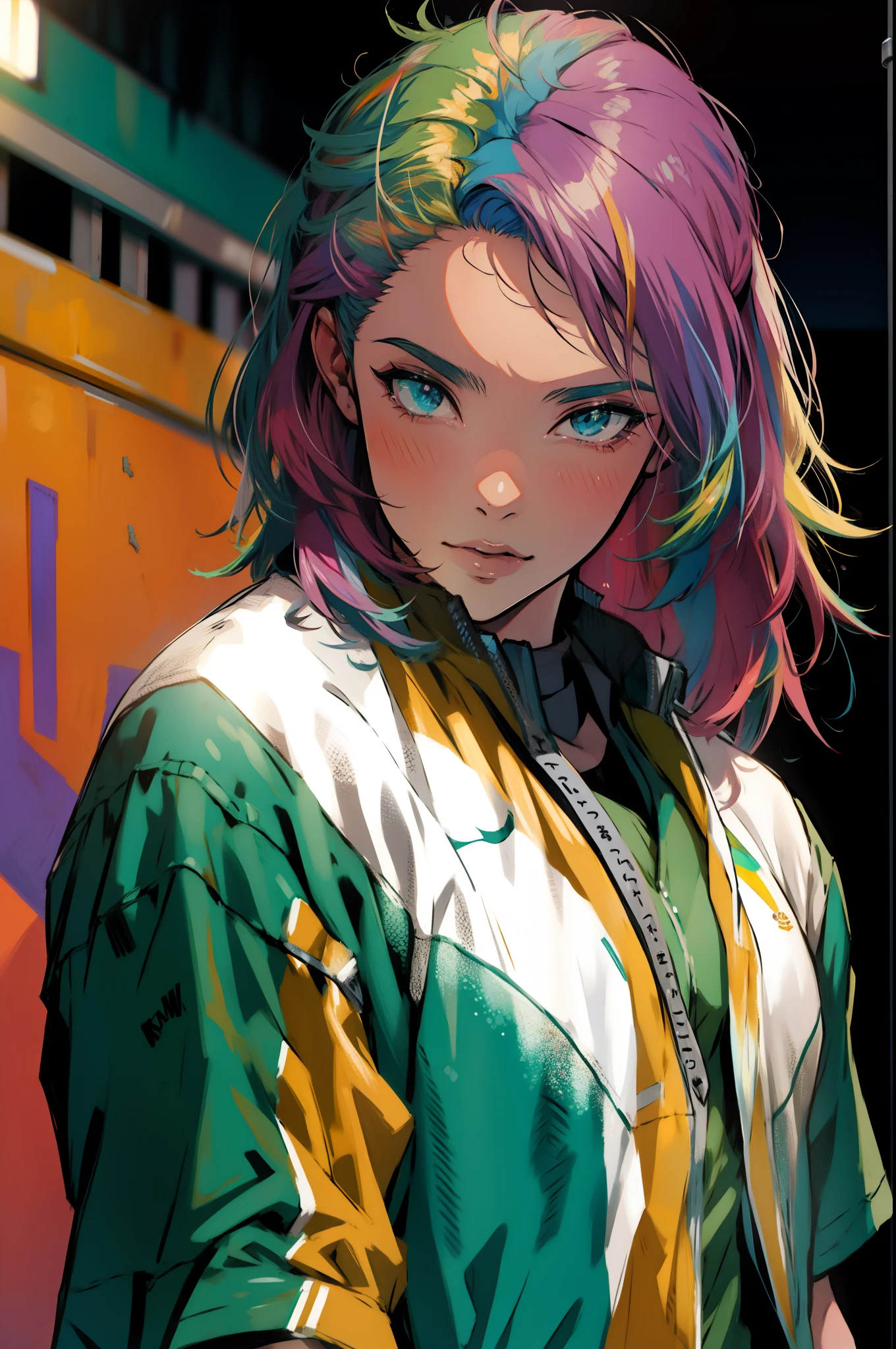 anime, uniforme de futebol branco, rainbow hair