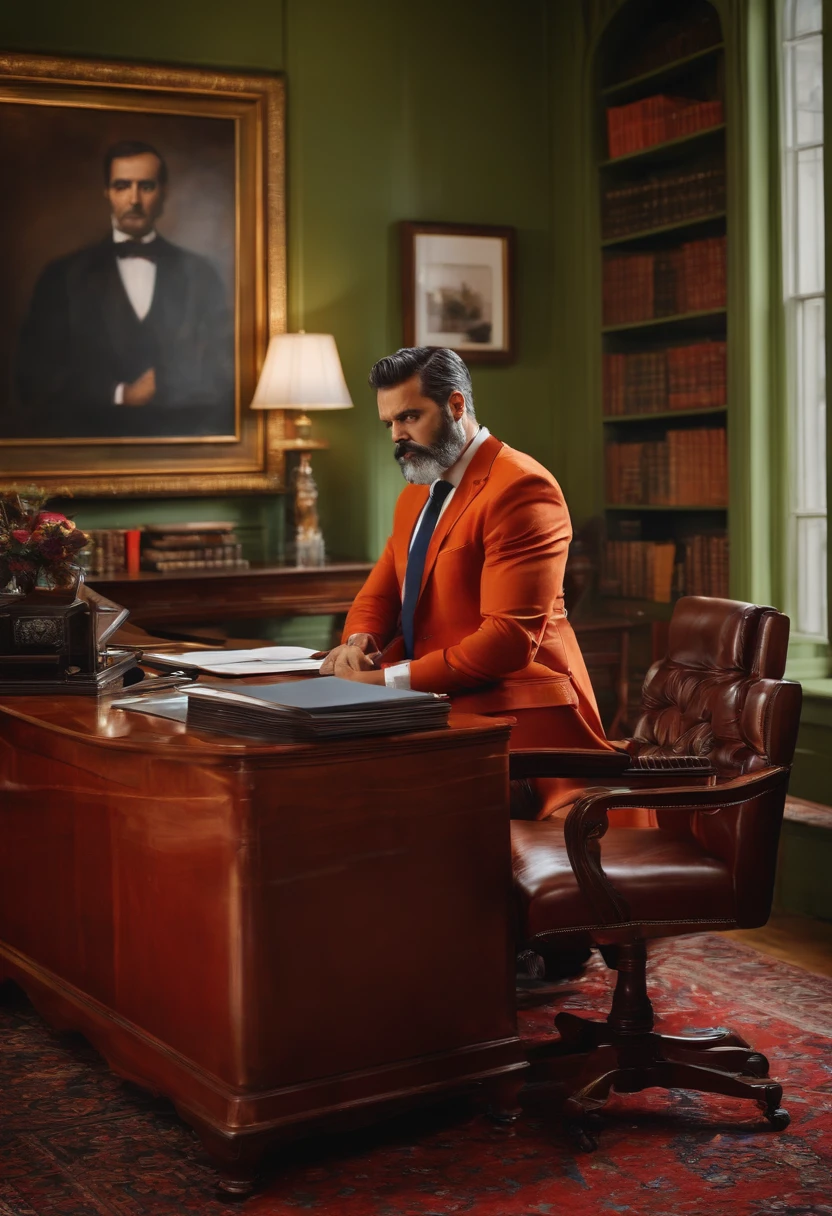 Paint a stylish office, um homem queimando dinheiro, with angry look in his expression