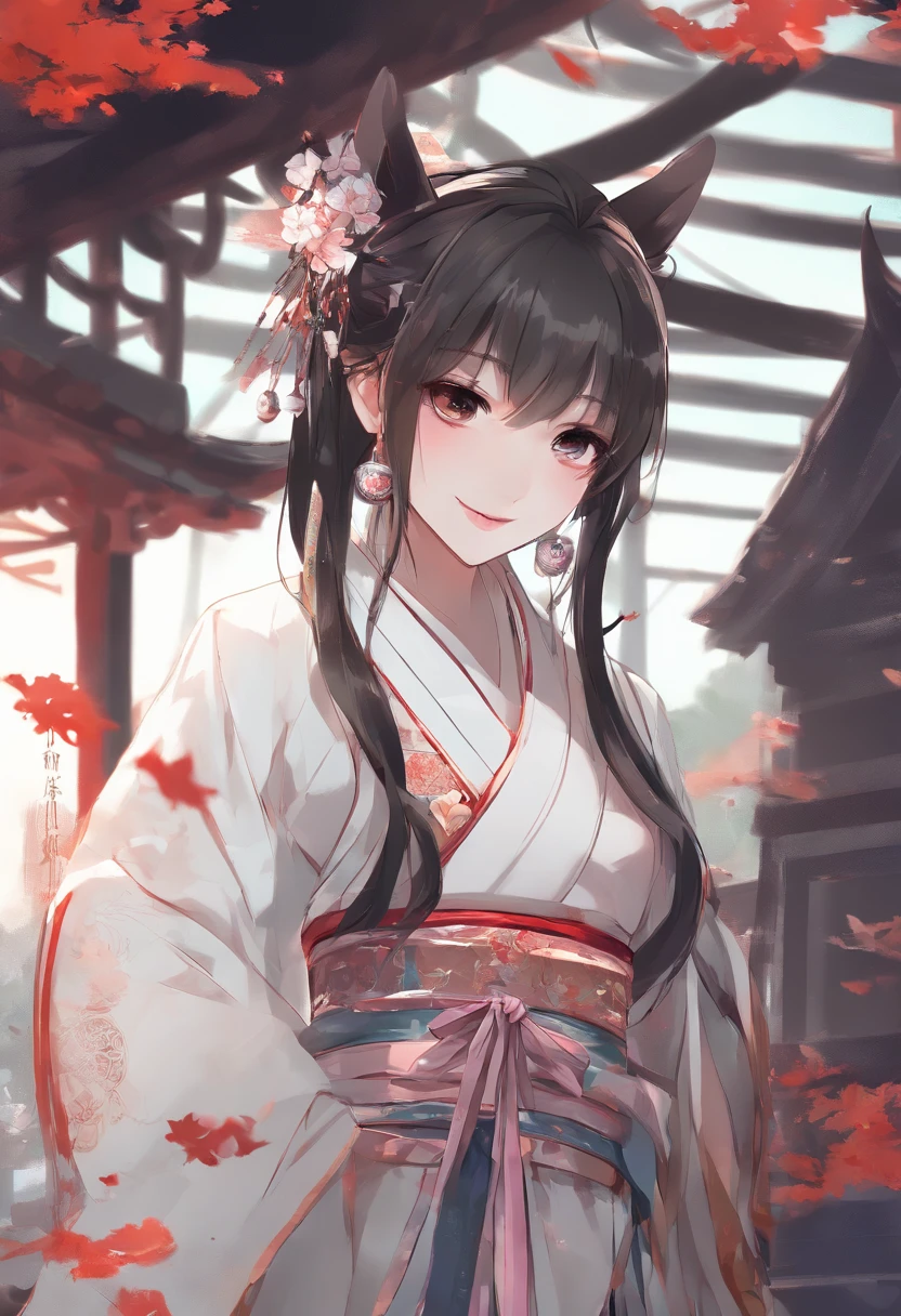 Best quality, Masterpiece, 超高分辨率, (Realistic: 1.4), xiuxian, Smiling, Shy, Belly button, Delicate makeup, Gorgeous jewelry, Horse face dress, Detal Face,, 1 girl, White clothes, Lotus print, Maple leaf print, Solo, arma, (Magical Circle: 1.2), xiuxian, Upper body, Beautiful girl, Half-body, east asian architecture, scabbard, Construction,