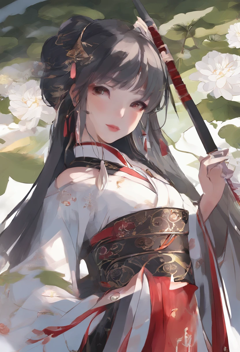 Best quality, Masterpiece, 超高分辨率, (Realistic: 1.4), xiuxian, Smiling, Shy, Belly button, Delicate makeup, Gorgeous jewelry, Horse face dress, Detal Face,, 1 girl, White clothes, Lotus print, Maple leaf print, Solo, arma, (Magical Circle: 1.2), xiuxian, Upper body, Beautiful girl, Half-body, east asian architecture, scabbard, Construction,