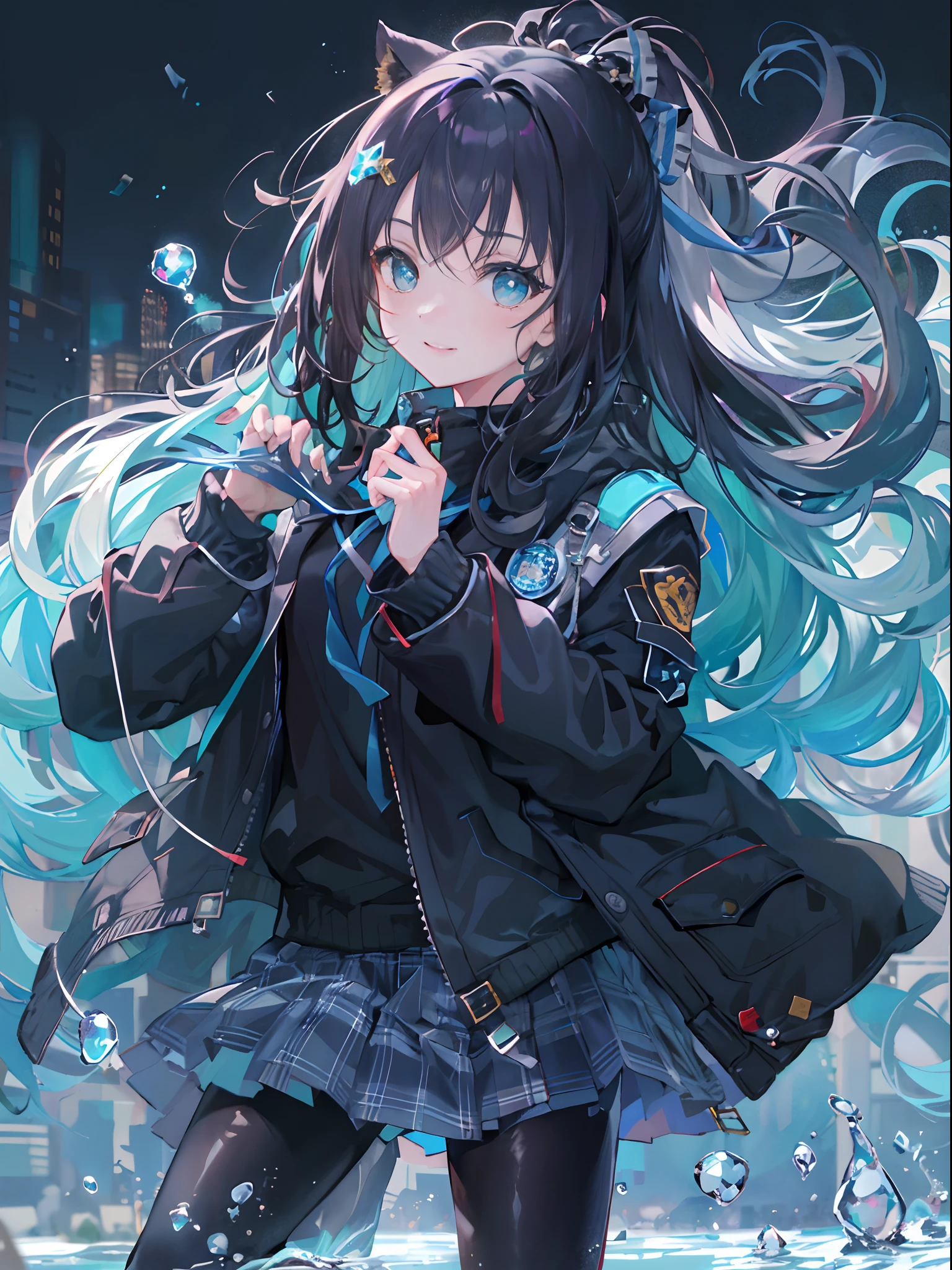 ((top-quality)), ((tmasterpiece)), ((ultra - detailed)), (Extremely Delicately Beautiful), Girl vs, 独奏, Cold attitude,((Black jacket)),She is very(Relax)with  the(Settle down)looks,brunette color hair, depth of fields,evilsmile,Bubble, Under the water, airbubble,bright light blue eyes,inner colored，Black hair and light blue ends,Cold background,Bob Hair - Linear Art, shorter pants、knee high socks、A white uniform like a school uniform、Light blue ribbon ties、Clothes are sheer、Hands in pockets、pony-tail hair、
