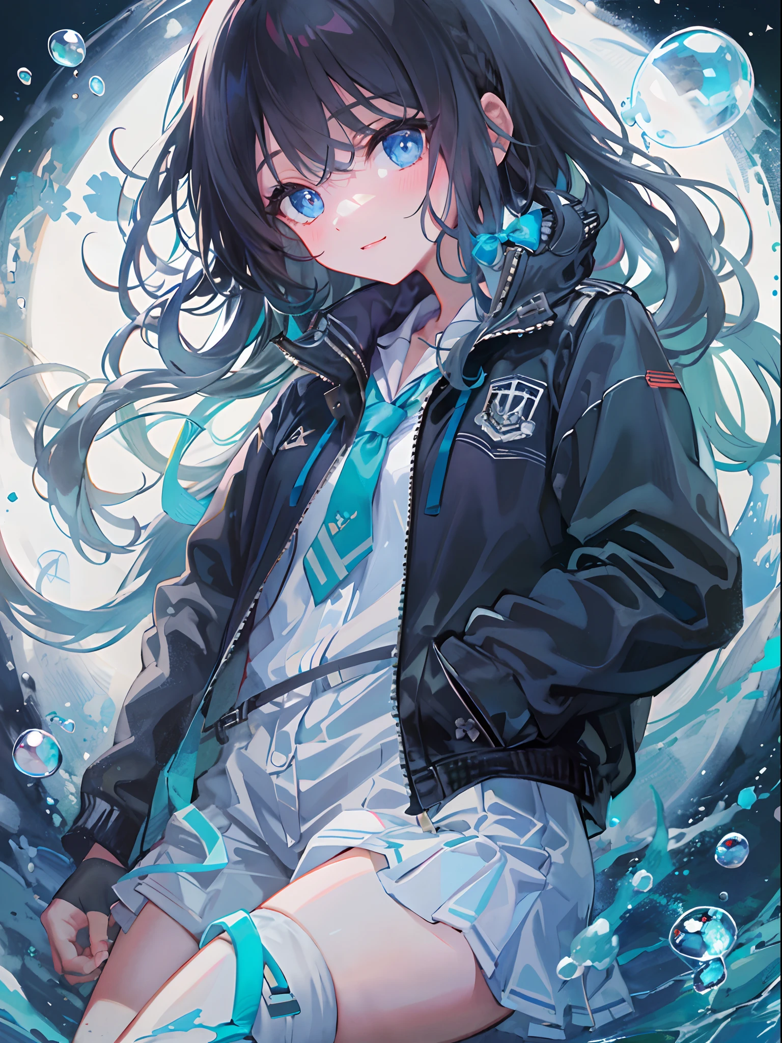 ((top-quality)), ((tmasterpiece)), ((ultra - detailed)), (Extremely Delicately Beautiful), Girl vs, 独奏, Cold attitude,((Black jacket)),She is very(Relax)with  the(Settle down)looks,brunette color hair, depth of fields,evilsmile,Bubble, Under the water, airbubble,bright light blue eyes,inner colored，Black hair and light blue ends,Cold background,Bob Hair - Linear Art, shorter pants、knee high socks、A white uniform like a school uniform、Light blue ribbon ties、Clothes are sheer、Hands in pockets、pony-tail hair、