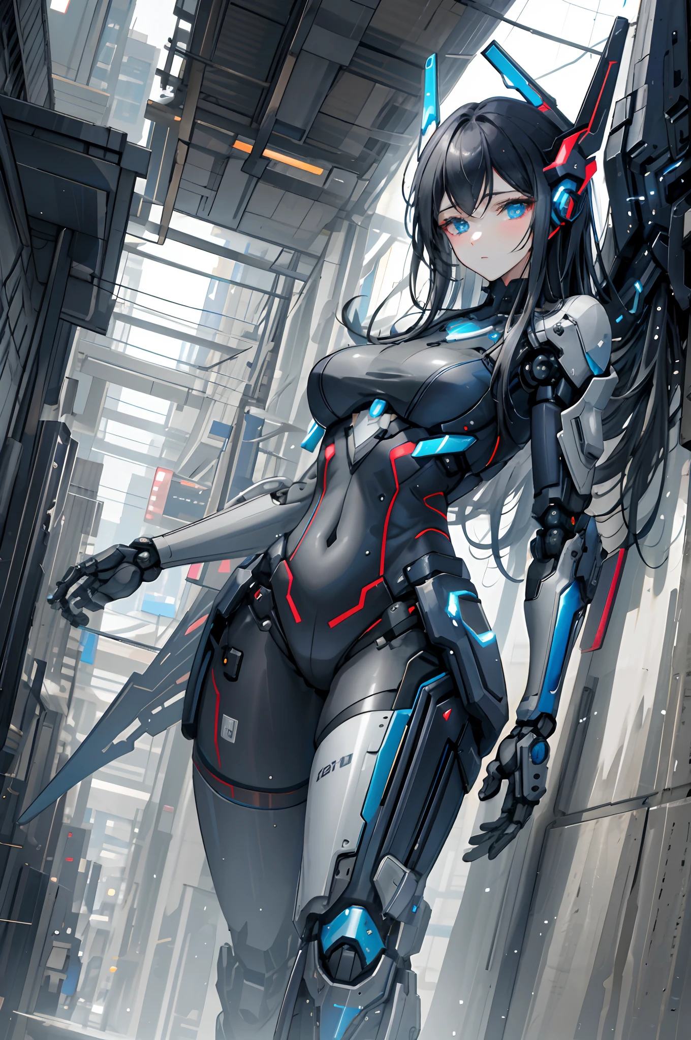 masterpiece,best quality,ultra-detailed,very detailed illustrations,extremely detailed,intricate details,highres,super complex details,extremely detailed 8k cg wallpaper, caustics,reflection,ray tracing, 1girl:1.4), solo, alone, (blue_theme:1.3), (grey_theme:1.3), (mecha musume, mechanical parts ,robot joints, mechanical arm, mechanical legs, headgear, intricate mechanical bodysuit, mechanical energy wings), (robes), very long hair, black hair, blue eyes, glowing eye, eye trail, random expressions, random action, tokyo, city, alley, dark alley, night time, raining, neon lights, detailed background, ((masterpiece)), absurdres, HDR,  (Classic headshot pose), extremely detailed 8K wallpaper,cyberpunk city,masterpiece,highres,detailed manga illustration,