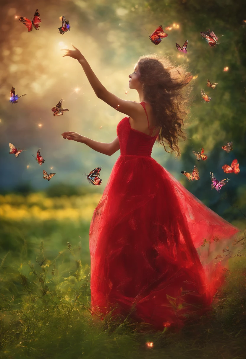 1girl in long red dress wery is dansing in a field with glowing flowers, star, butterflies, Realism of grass, beautiful light, Magic, Imagination of time, money, Photography - Q-2