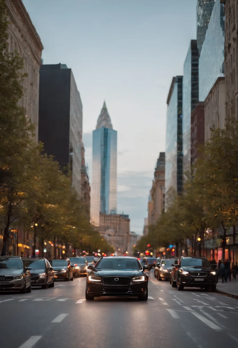 (a black Prisma Joy 2019 car in the city,vehicle:1.1,glistening specular highlights,urban landscape,vibrant city lights,fast-moving traffic,modern architecture:1.1,crowded streets,hustle and bustle,people crossing the road,dynamic composition:1.1,blurred motion)