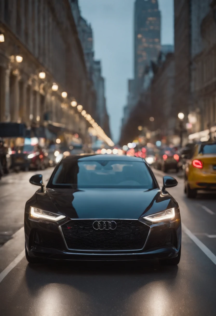 (a black Prisma Joy 2019 car in the city,vehicle:1.1,glistening specular highlights,urban landscape,vibrant city lights,fast-moving traffic,modern architecture:1.1,crowded streets,hustle and bustle,people crossing the road,dynamic composition:1.1,blurred motion)