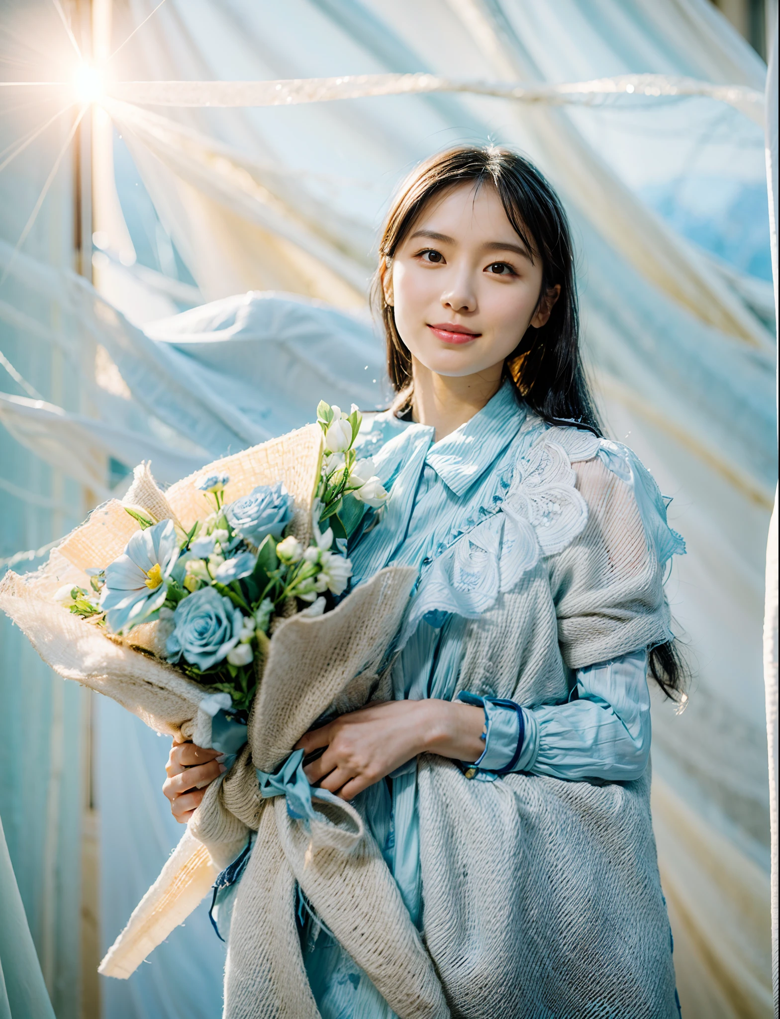 beuaty girl,Long black hair,Delicate and delicate face,light smile,Holding a very beautiful bouquet of light blue flowers,Light blue bag beautiful clothes,Perfect hands,Solid color light gauze background,detail-rich,Movie lighting,contrast of light and shadow,rendering by octane,