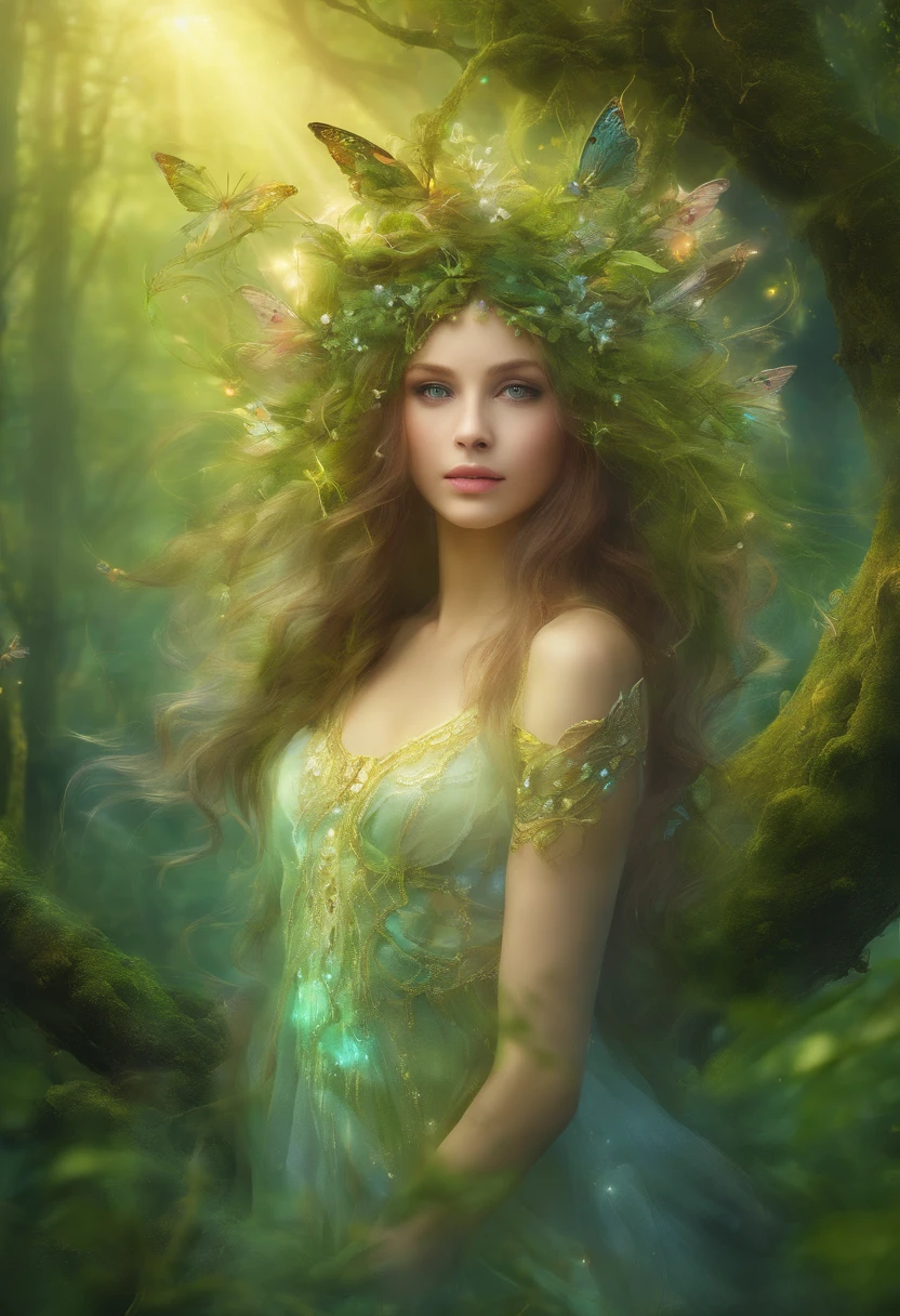 (bestquality,10,10,highres,masterpiece:1.2),ultra-detail,(Realistic,photorealistic portrait,photo-realistic:1.37),forests,Cute female dryad creature,Charming ethereal landscape,Lush vegetation,Majestic ancient tree,Magical sunlight shines through the branches.,Soft fluorescent moss covers the ground.,Faint transparent wings,Delicate flowers bloom around her.,Enchanting eyes that glow softly.,serene expression,graceful posture,Artistic interpretation,Delicate color palette,Mysterious atmosphere,Playful and unusual composition.,Mesmerizing presence,Dryad's harmonious combination with her surroundings.,Realistic fantasy feeling,Natural and realistic lighting