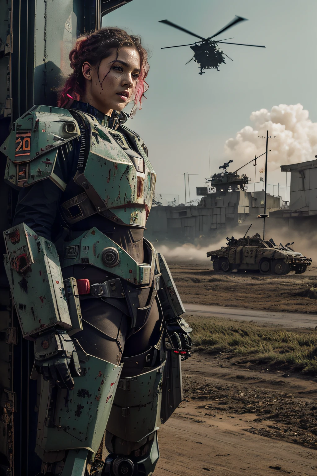 Postapocalyptic combat scene with a Beautiful hyperrealistic photograph of cute Young American woman with Runic tattoos, ((dirty face Blood splattered)), (((wearing full heavy mecha armor, combat harness, Neon highlights))) Short Red Dreadlocks, combat pose, (((Holding on to the side of a combat Sci-Fi Combat helicopter))), exterior of Destroyed building, Fires, Smoke, debris, Camo netting, Ammo Boxes abstract beauty, near perfection, pure form, intricate detail, 8k post-production, High resolution, super Detail, trending on ArtStation, sharp focus, studio photos, intricate detail, Very detailed, By Greg Rutkowski
