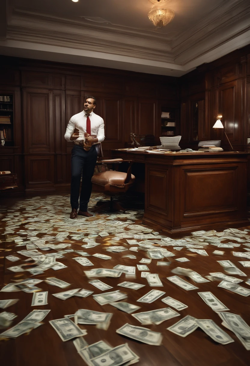 Paint a stylish office, um homem queimando dinheiro, dollar bills scattered on the floor, The person looks angry in his expression