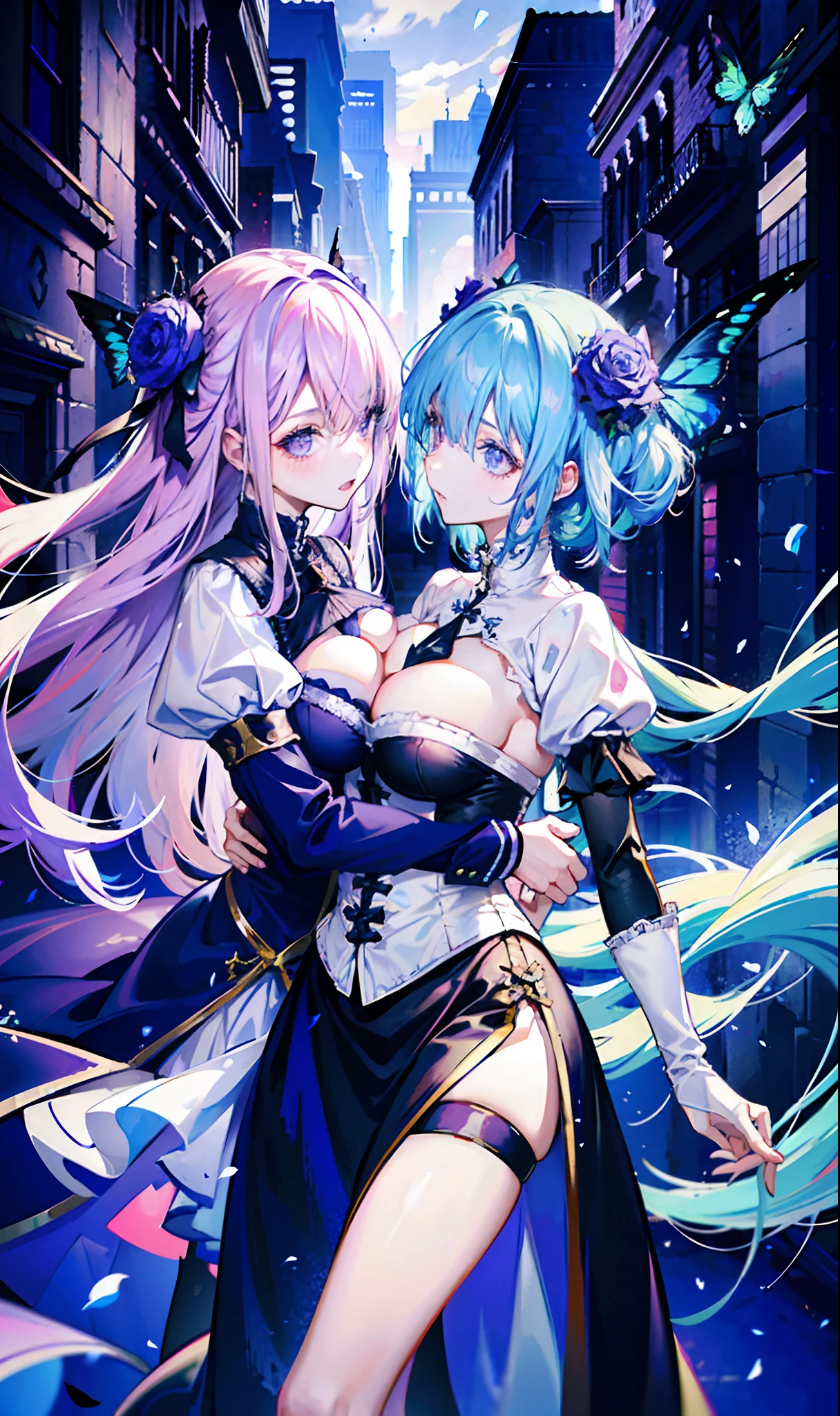 ((On the streets of the Middle Ages，2 girls，Twin sisters))，silber hair，butterflys，long whitr hair，8k wallpaper，detailedbackground，Highest high resolution，deep v big breasts，Hair over eyes，Bandeau，Purple roses，tight-fitting，themoon，stocklings，