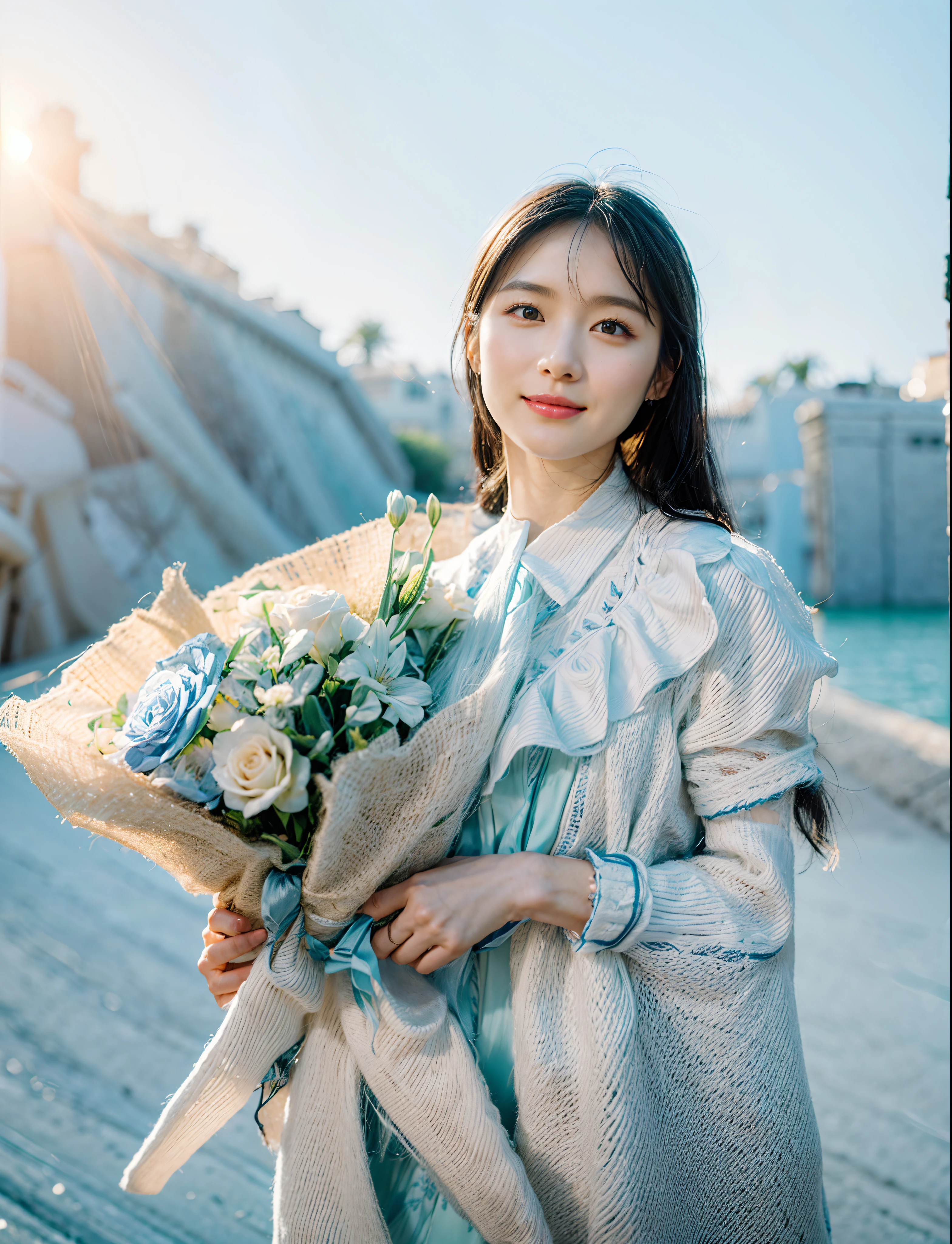 beuaty girl,Long black hair,Delicate and delicate face,light  smile,Holding a very beautiful bouquet of light blue flowers,Beautiful textured clothes,Perfect hands,solid color backdrop,Movie lighting,contrast of light and shadow,rendering by octane,