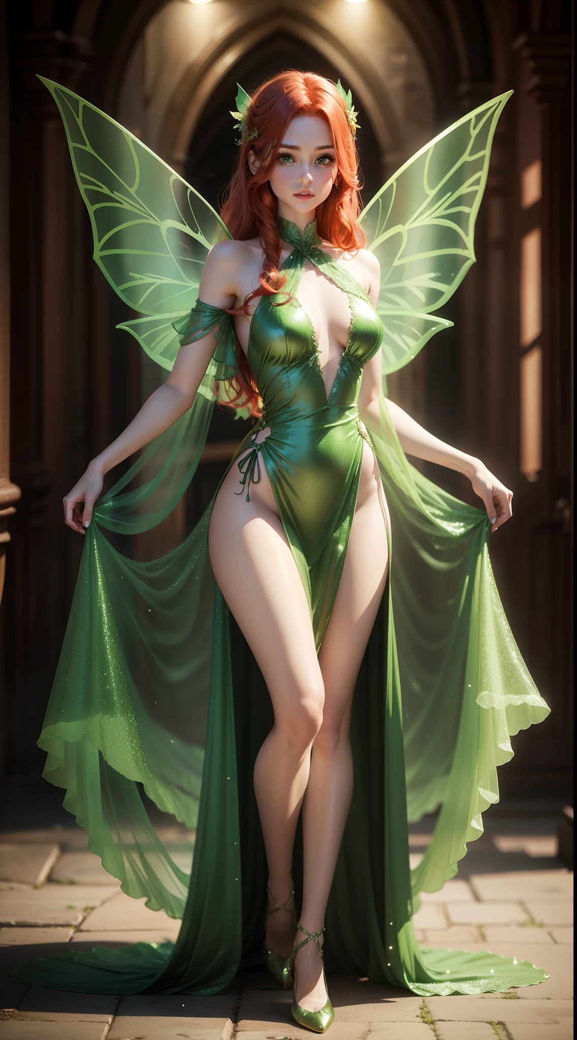 Redhead fairy in a green glittery translucent dress, with fairy wings, full body, thin