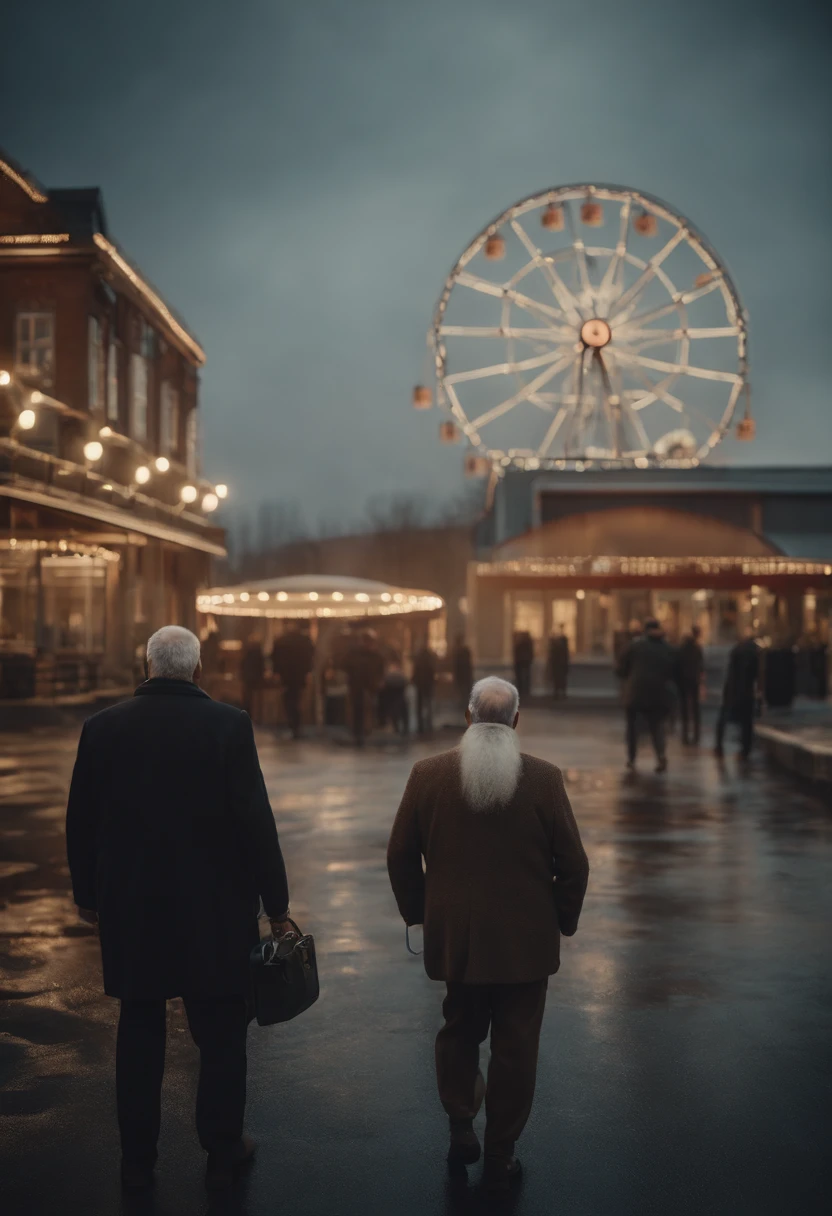 Old men with beards army with ferris wheel and Mercedes factory