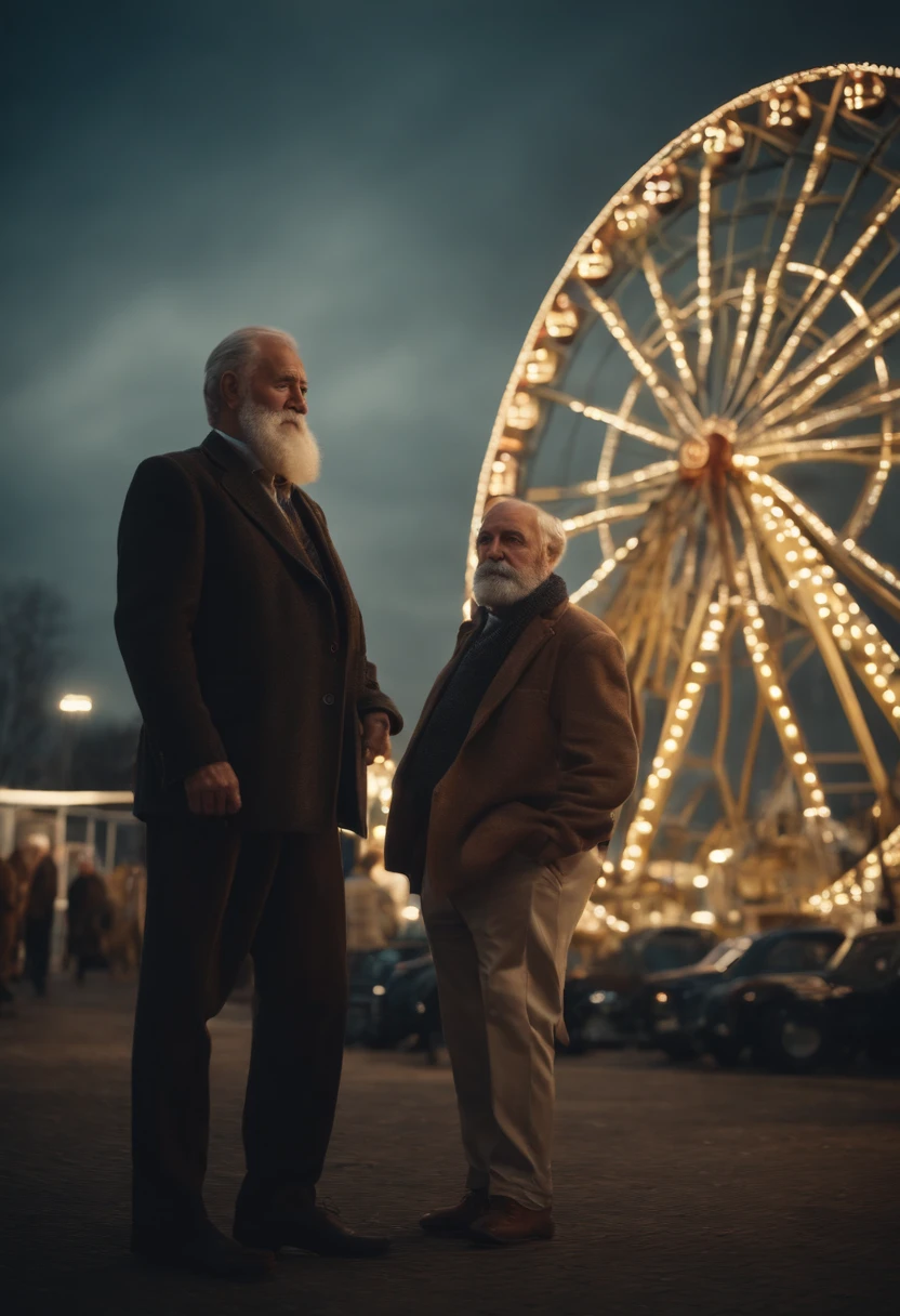 Old men with beards army with ferris wheel and Mercedes factory